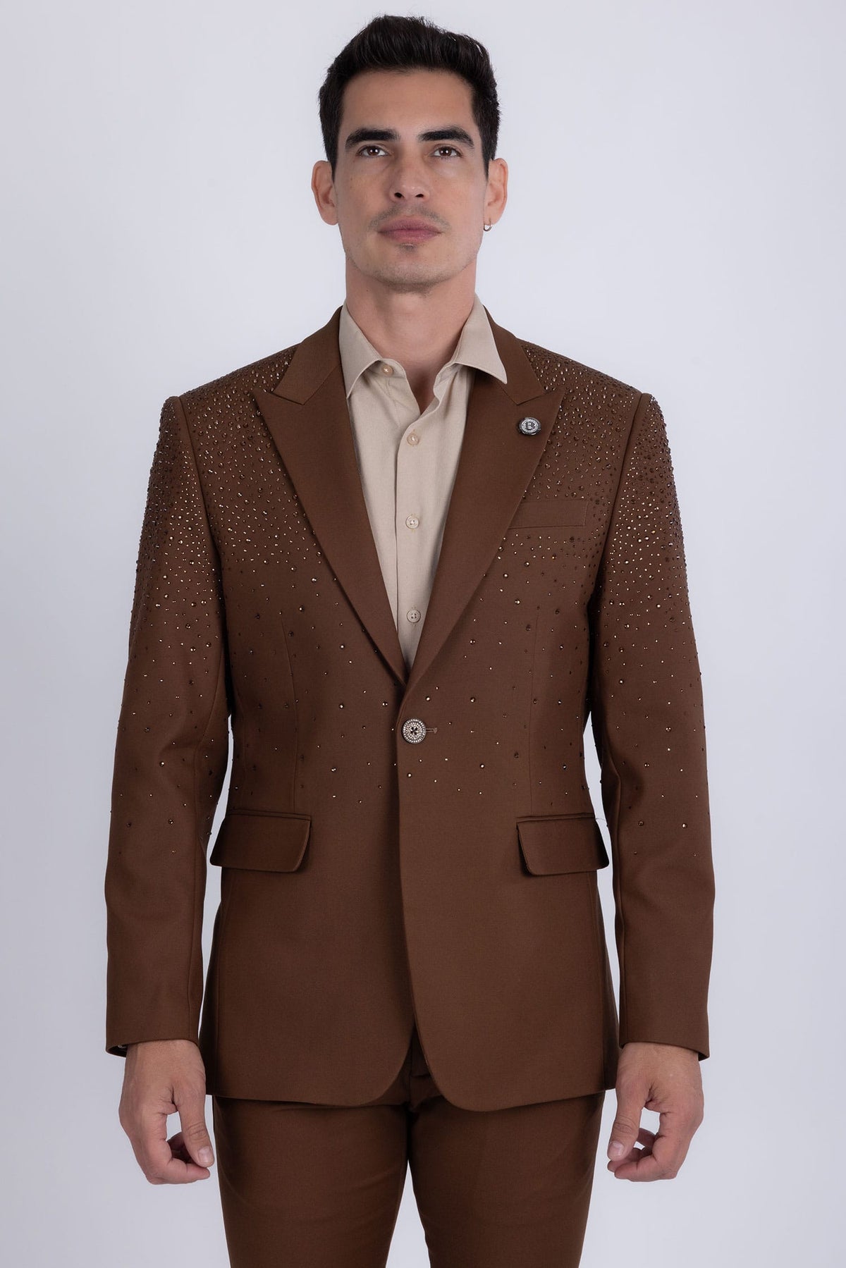 Barabas Men's Rhinestone Solid Color Notch Lapel Blazer 2BLR6 Brown