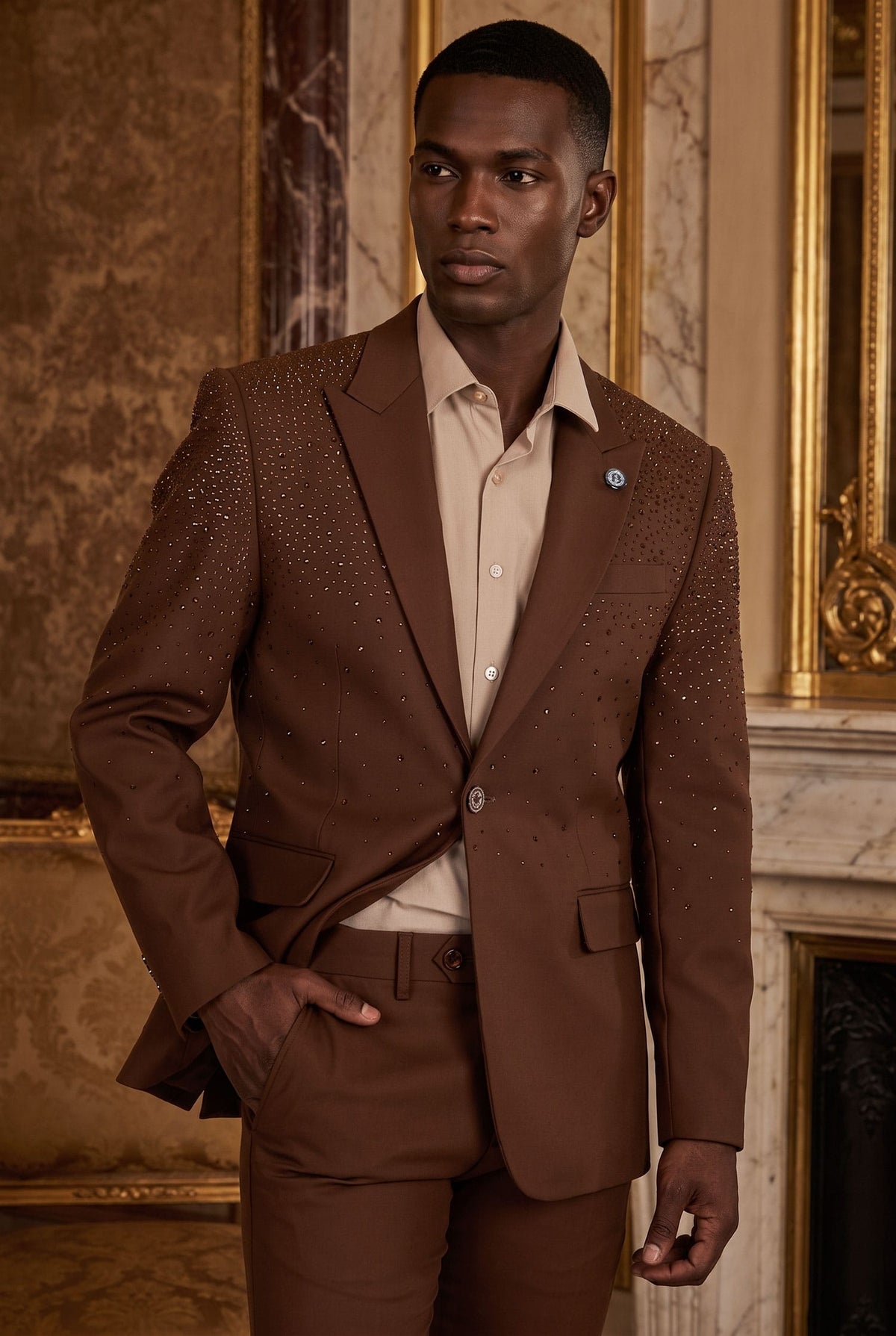 Barabas Men's Rhinestone Solid Color Notch Lapel Blazer 2BLR6 Sepia