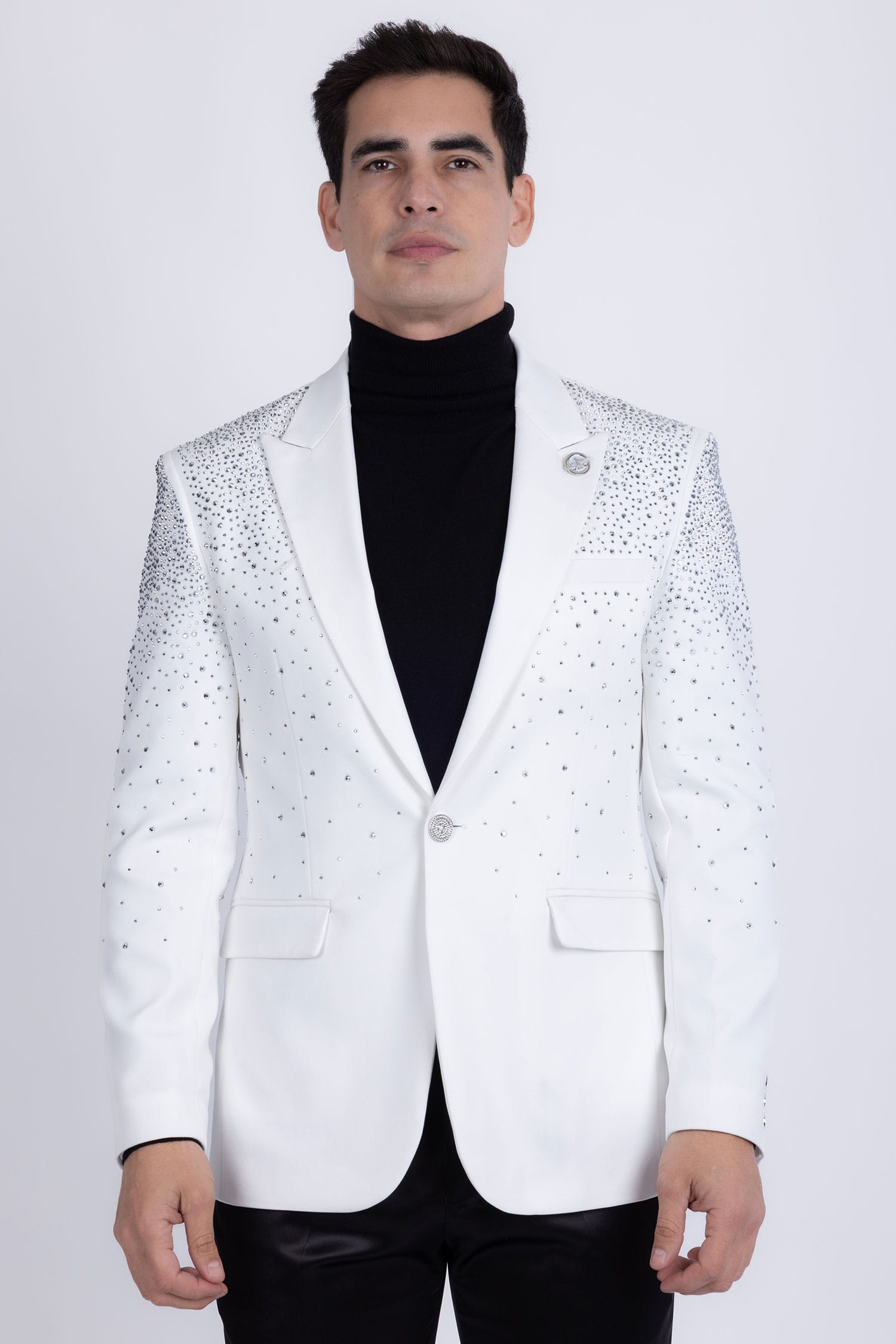 Barabas Men's Rhinestone Solid Color Notch Lapel Blazer 2BLR6 White Silver