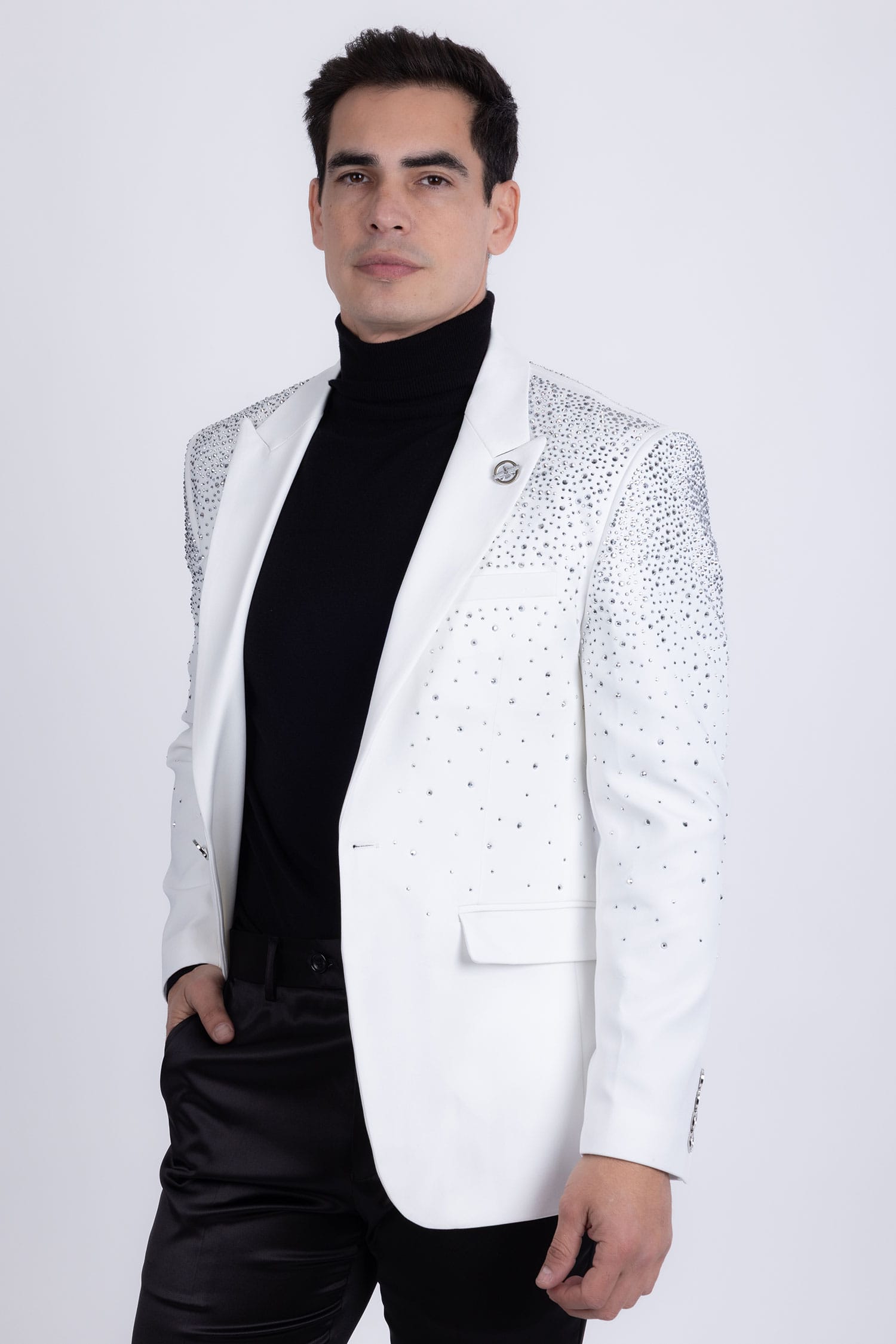 Barabas Men's Rhinestone Solid Color Notch Lapel Blazer 2BLR6 White Silver