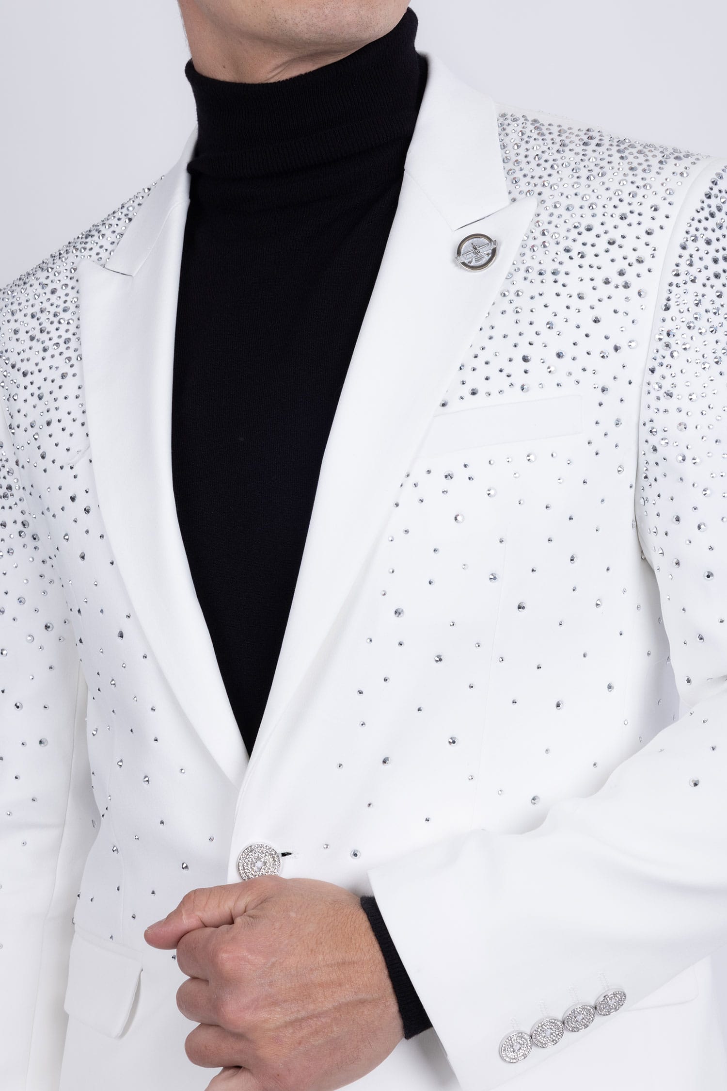 Barabas Men's Rhinestone Solid Color Notch Lapel Blazer 2BLR6 White Silver