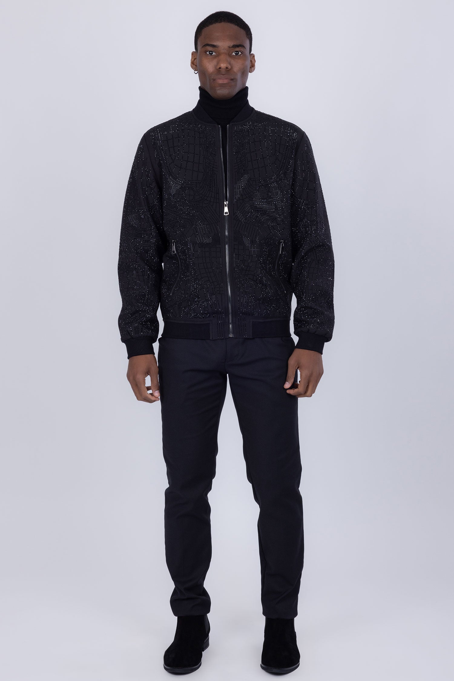 BARABAS Men's Geometric Rhinestone Luxury Bomber Biker Jacket 2BP26 Black