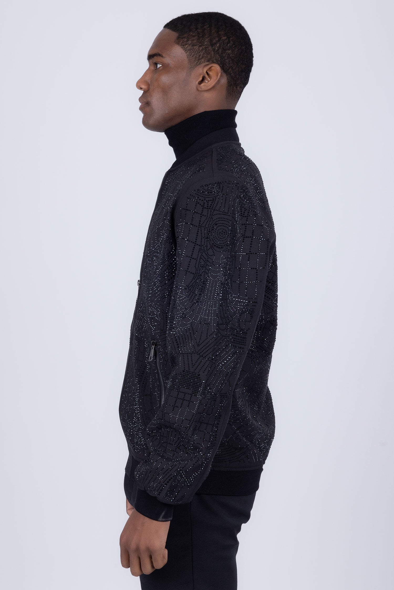 BARABAS Men's Geometric Rhinestone Luxury Bomber Biker Jacket 2BP26 Black