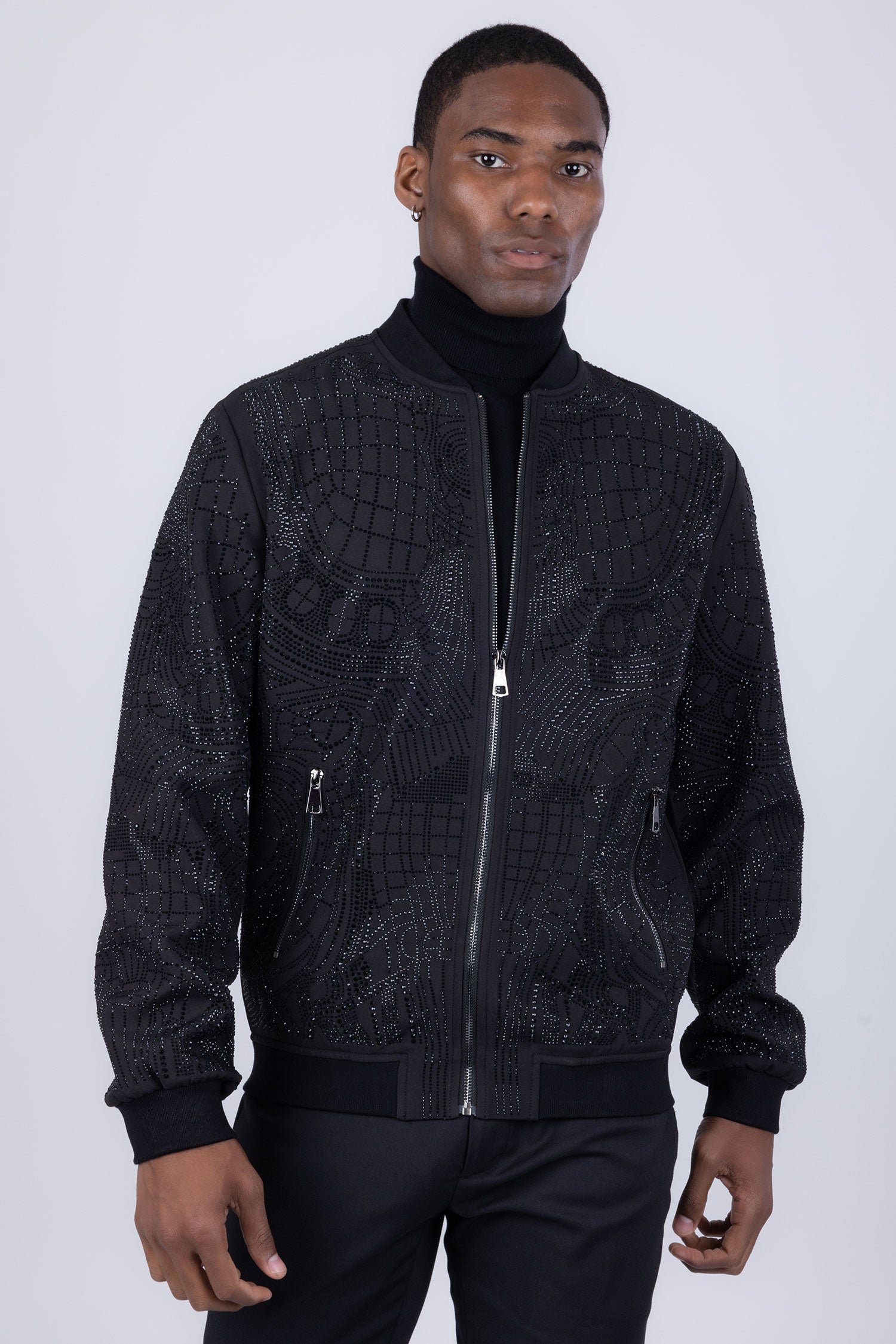 BARABAS Men's Geometric Rhinestone Luxury Bomber Biker Jacket 2BP26 Black