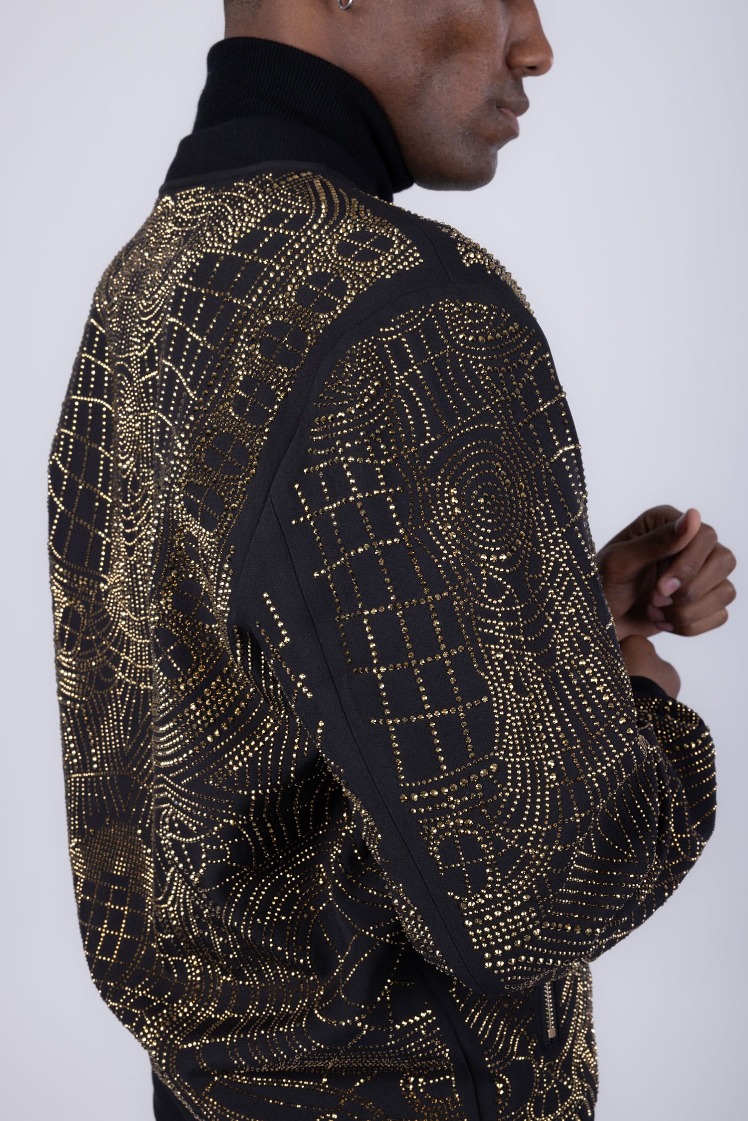 BARABAS Men's Geometric Rhinestone Luxury Bomber Biker Jacket 2BP26 Black Gold