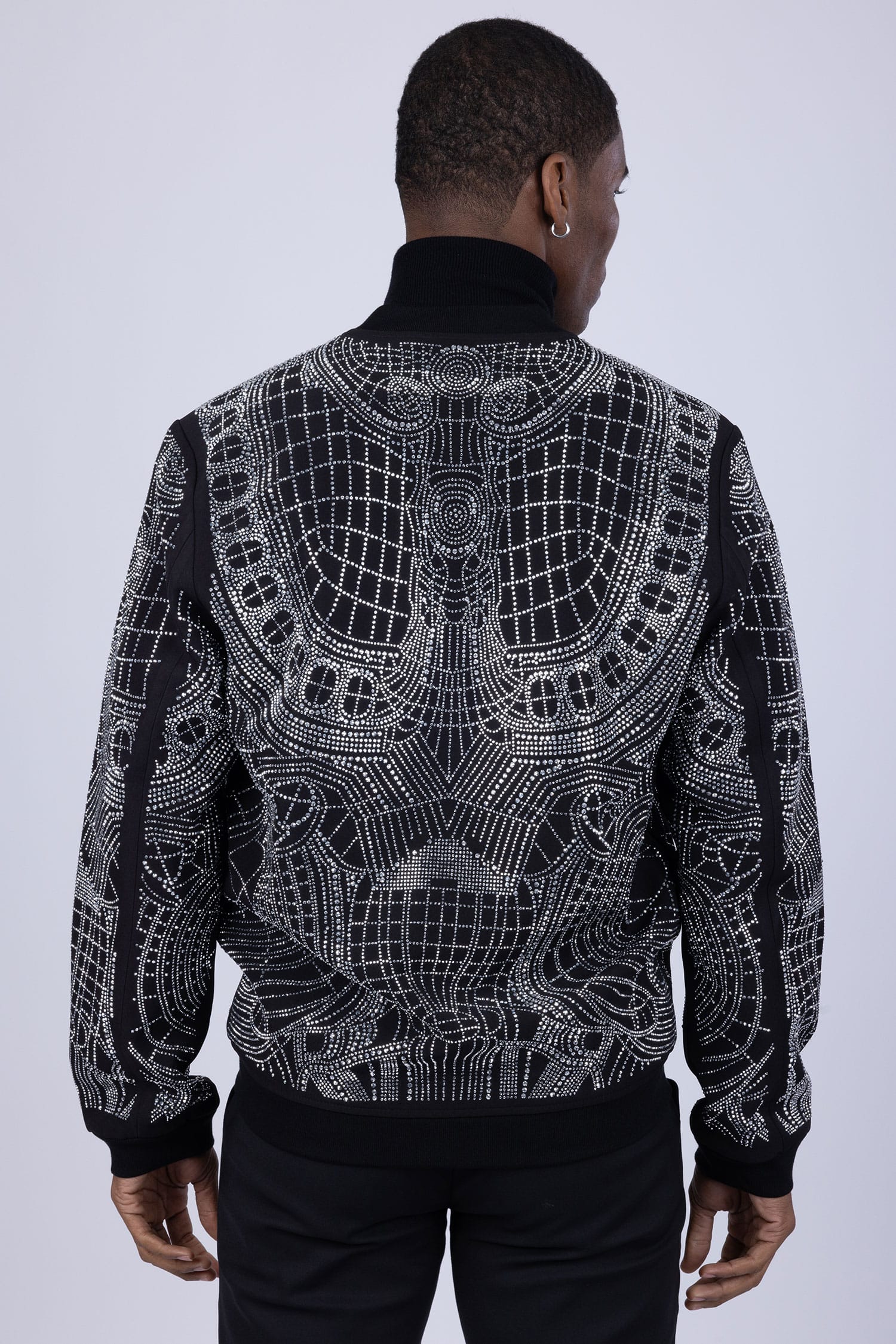 BARABAS Men's Geometric Rhinestone Luxury Bomber Biker Jacket 2BP26 Black Silver