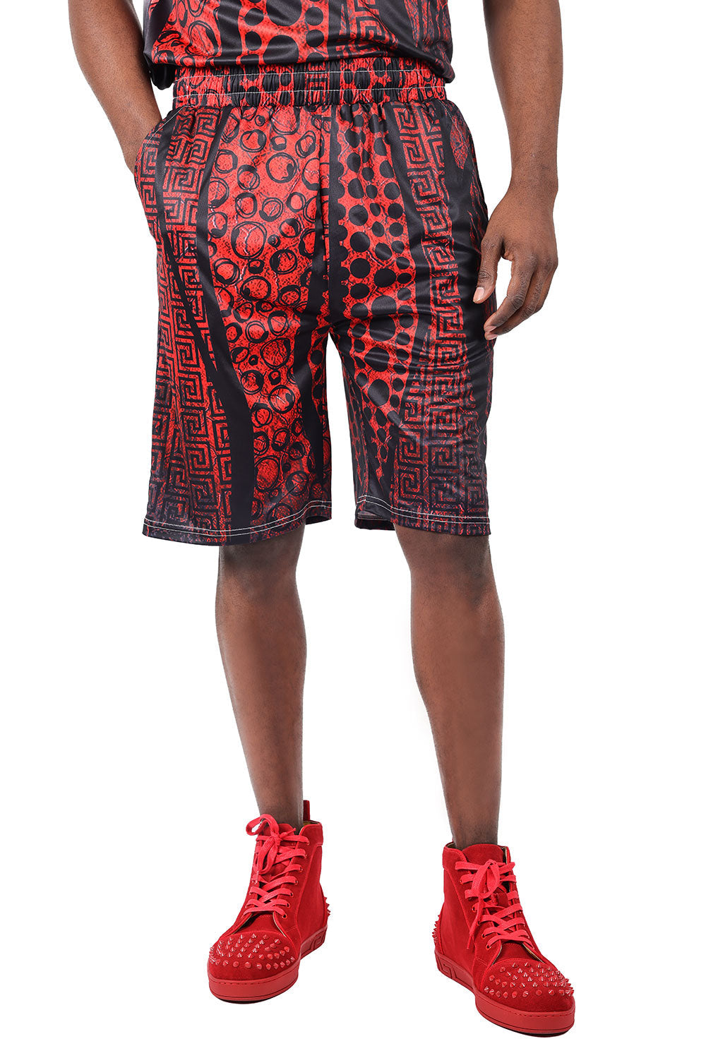 Barabas Men's Greek Key Polka Dot Baroque Design Shorts 2BSP15 Black Red