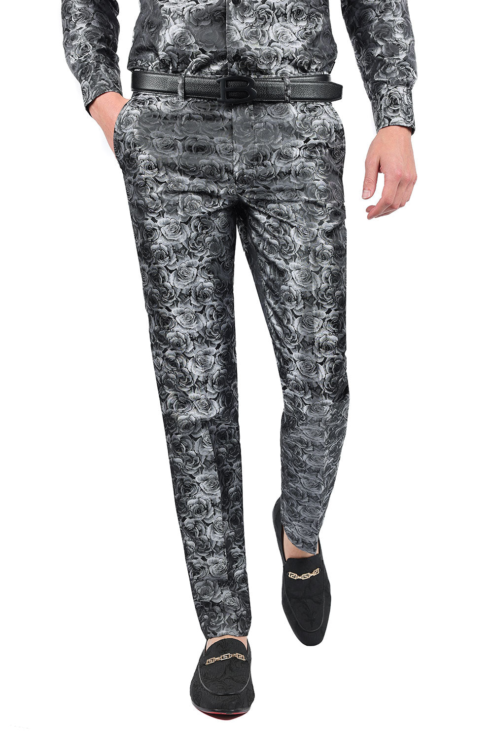 Barabas Men's Floral Rose Shiny Metallic Dress Pants 2CP03 Black