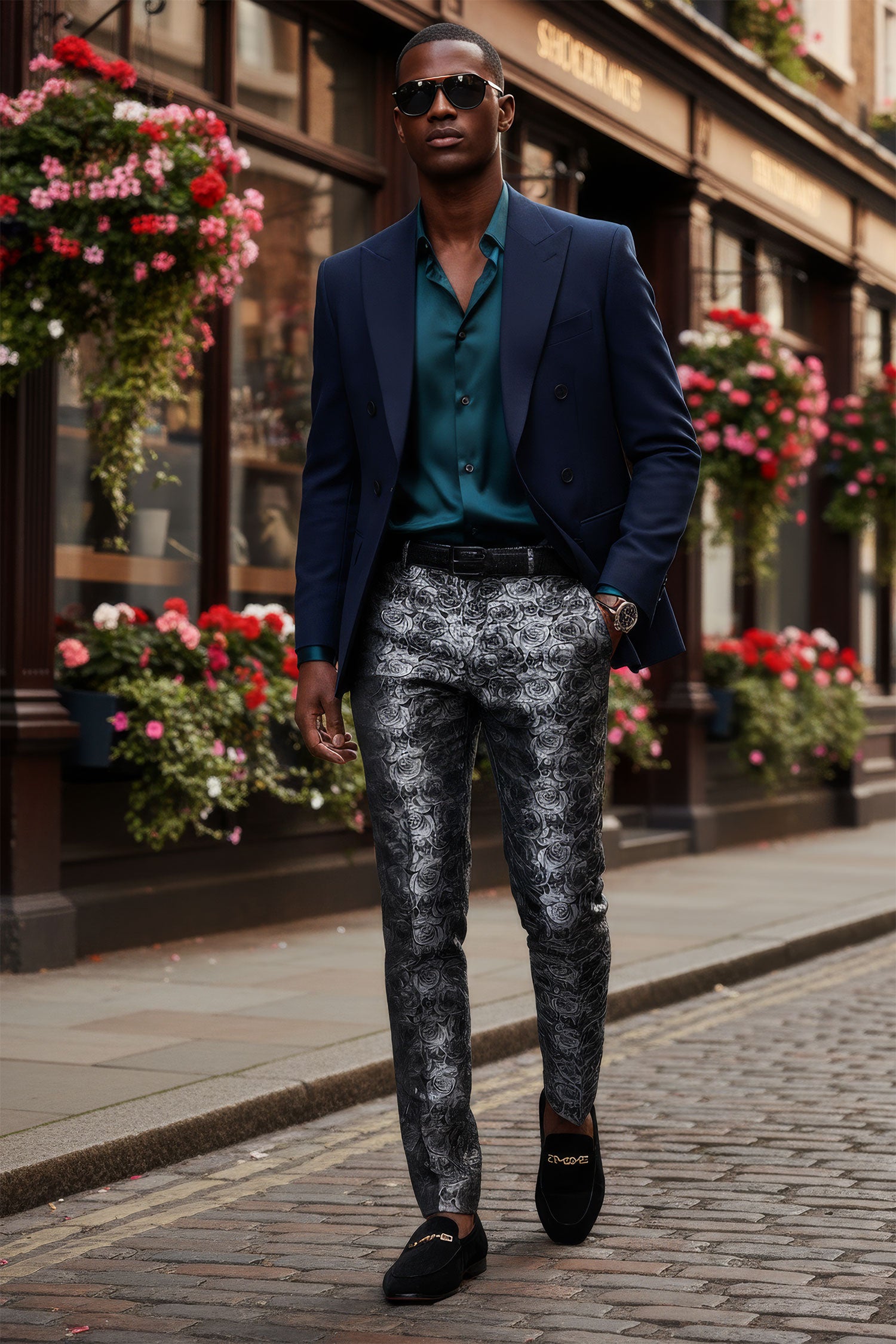 Barabas Men's Floral Rose Shiny Metallic Dress Pants 2CP03 Shiny Grey