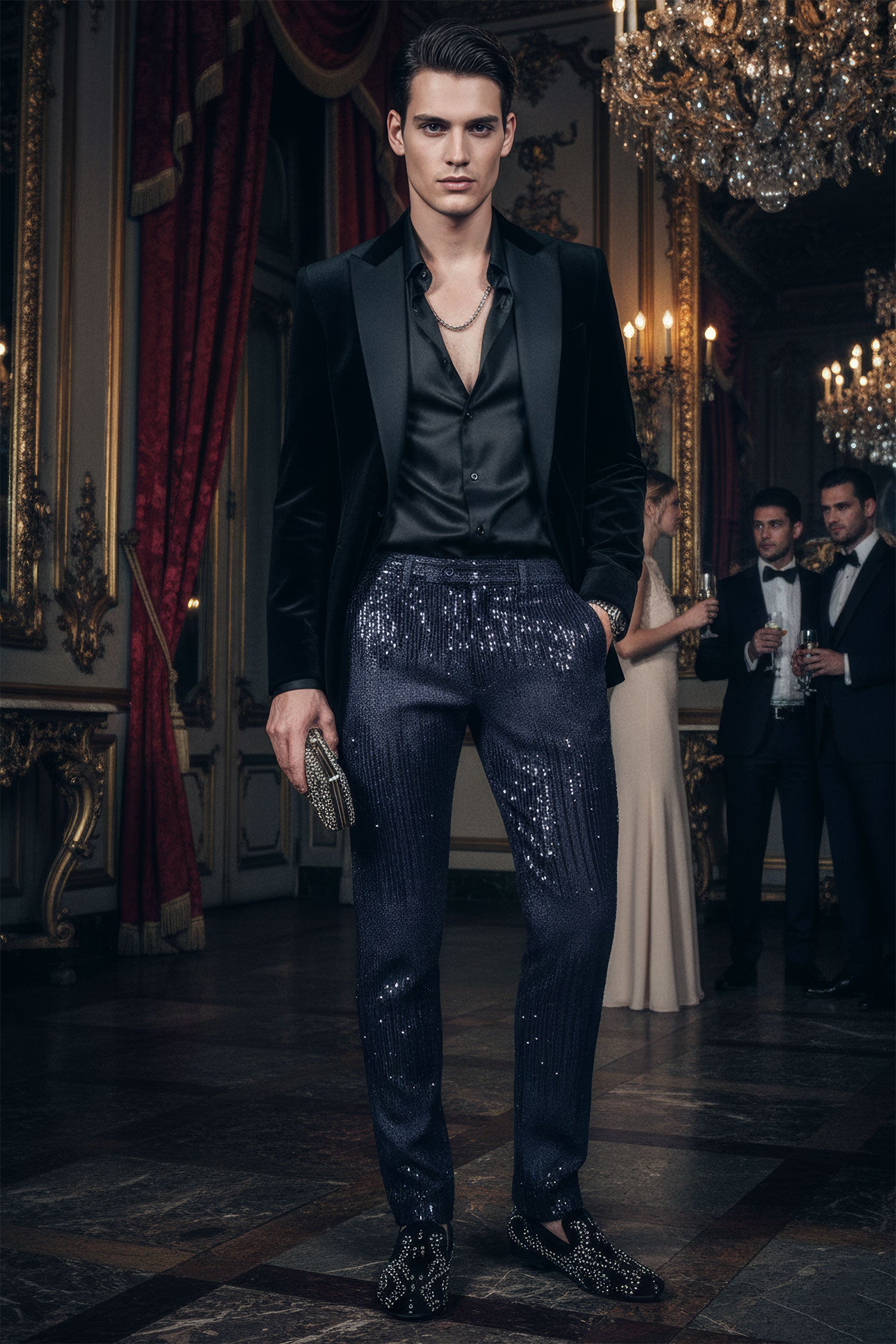 BARABAS Men's Rhinestone Sequin Design Shiny Luxury Pants CP3085 Navy