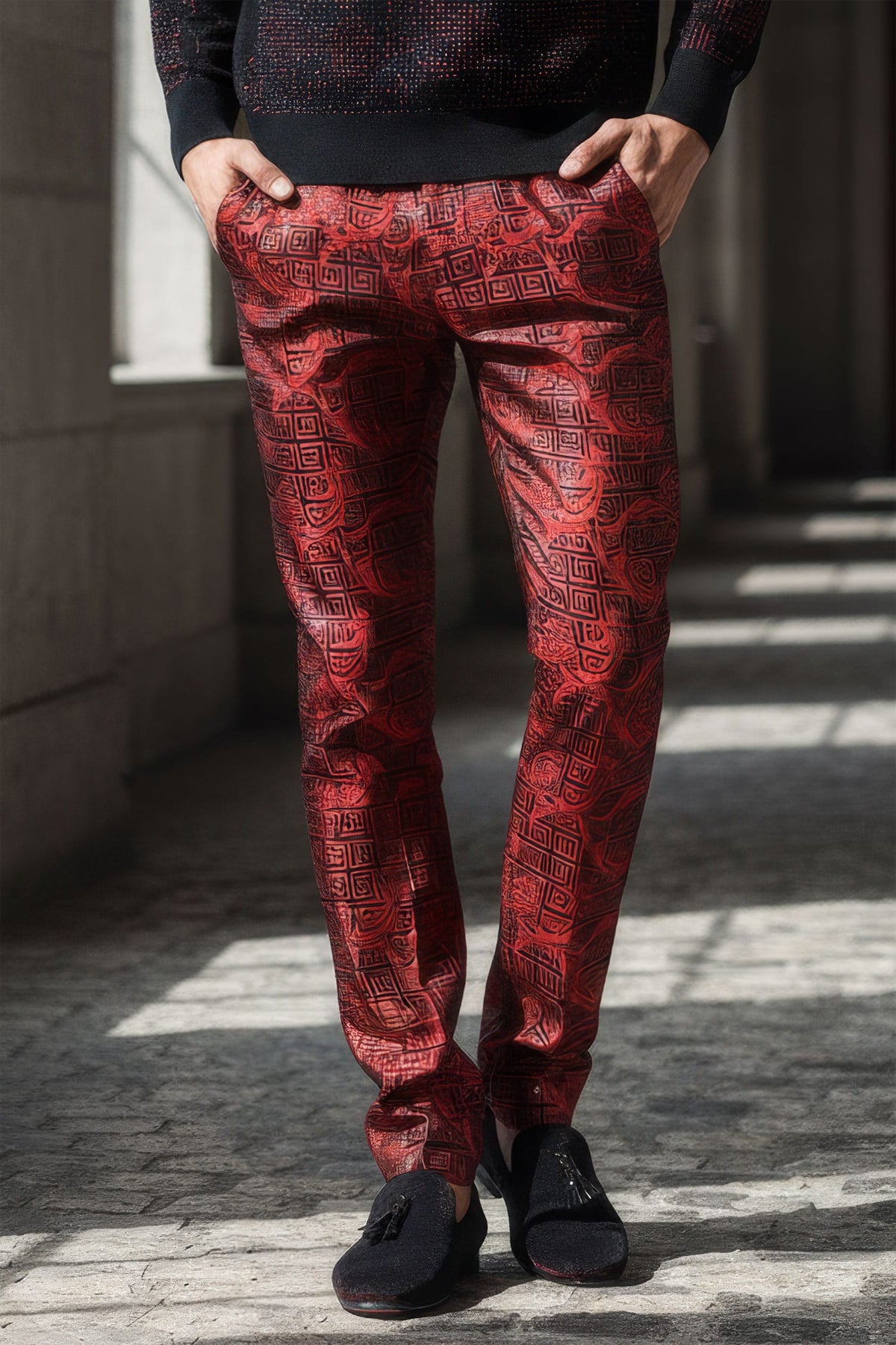 Barabas Men's Shiny Greek Fret Prints Design Chino Pants 2CP3102 Red Black