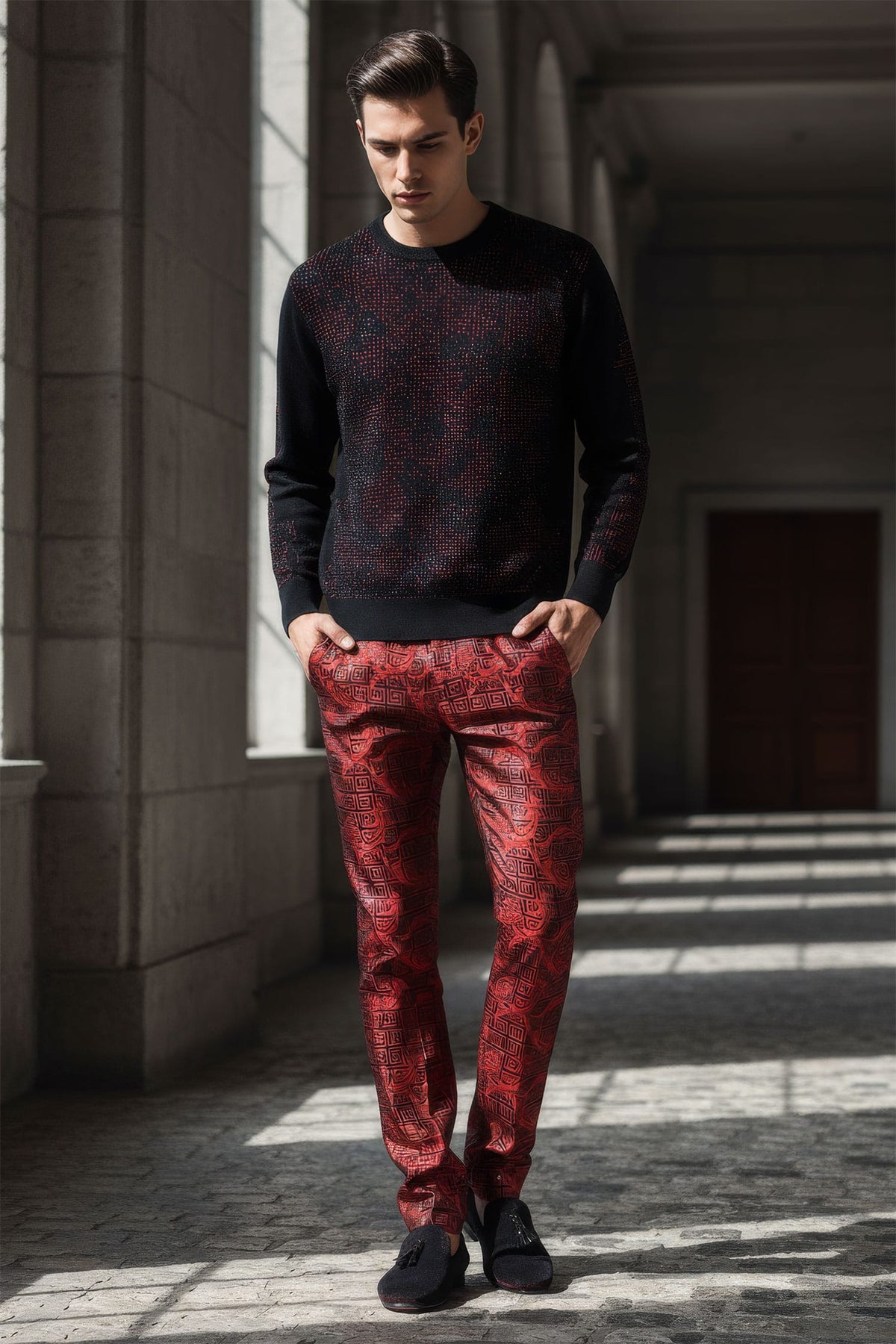 Barabas Men's Shiny Greek Fret Prints Design Chino Pants 2CP3102 Red Black