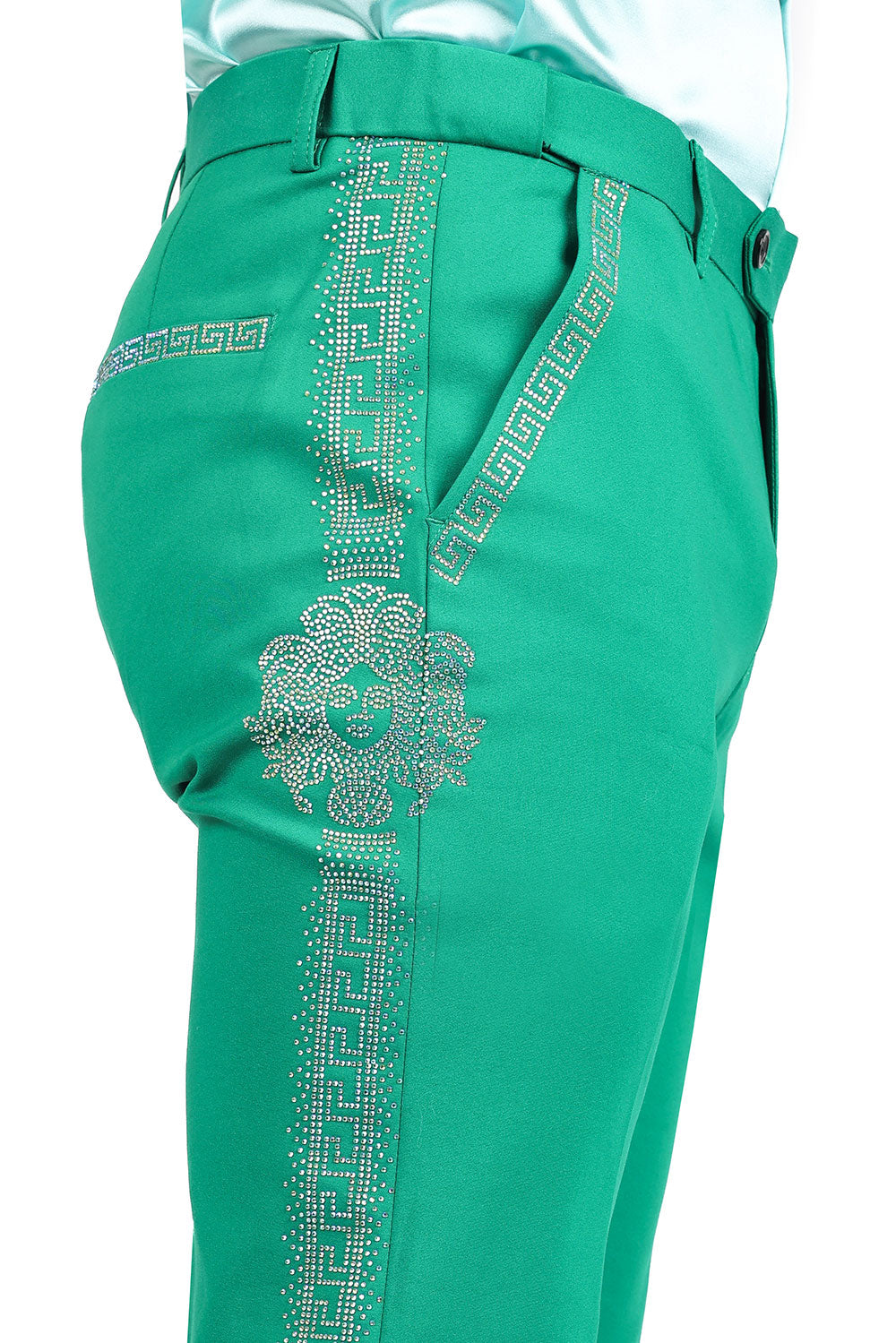 Barabas Men's Medusa Greek Key Pattern Rhinestone Dress Pants 2CPR12 Green