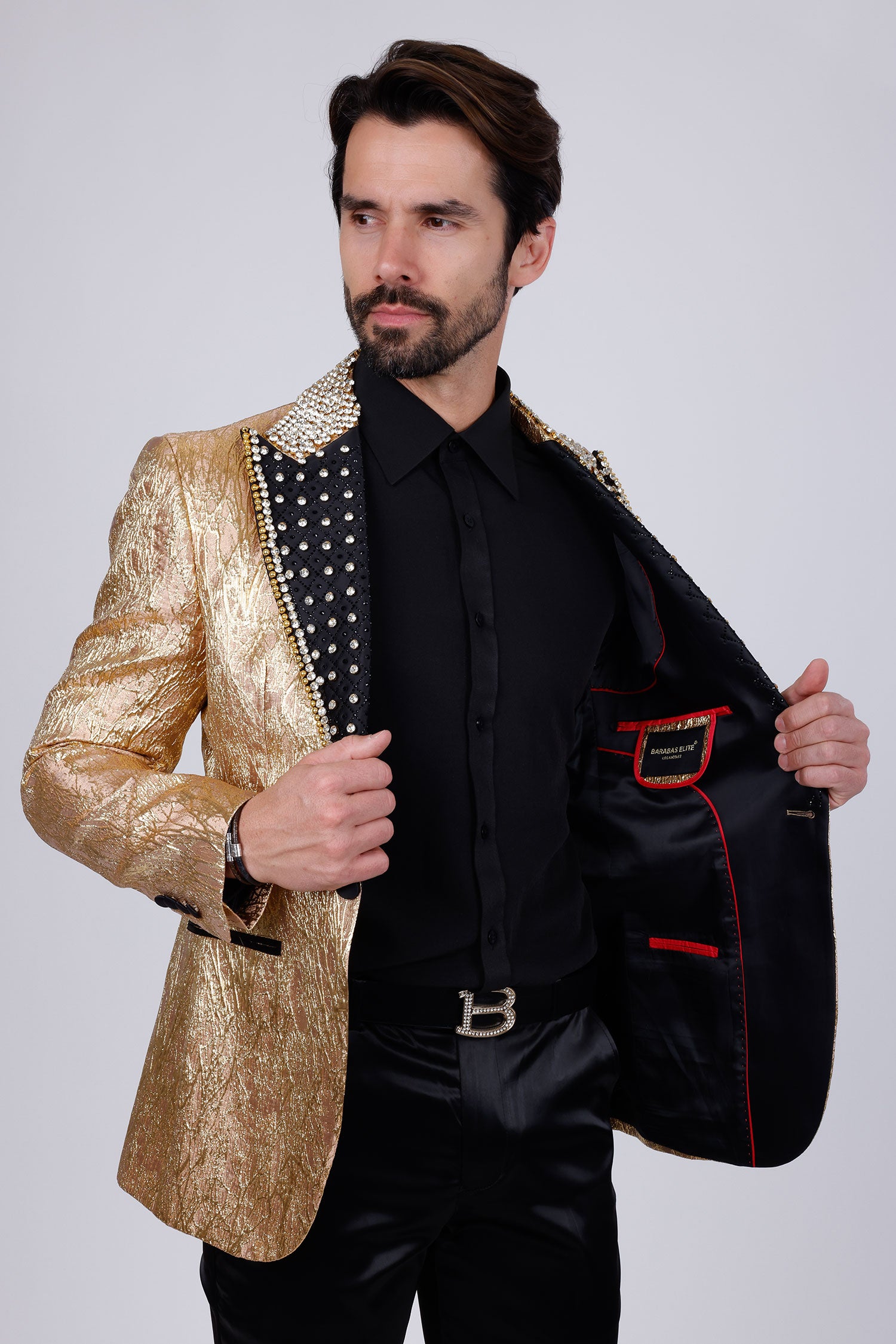 Barabas Men's Shiny Crystals Beads Rhinestone Peak Lapel Blazer 2EBL11 Gold