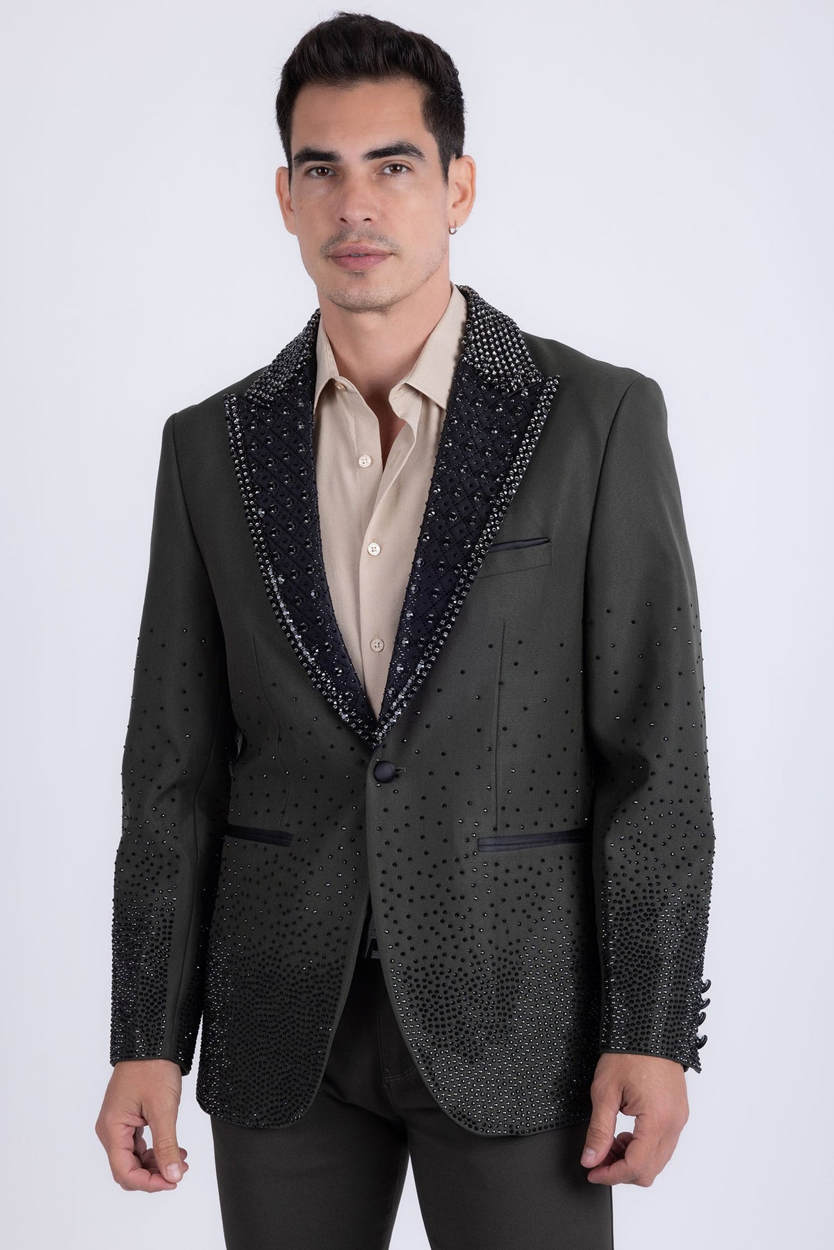 Barabas Men's Rhinestone Peak Lapel Luxury Blazer 2EBL3 Olive