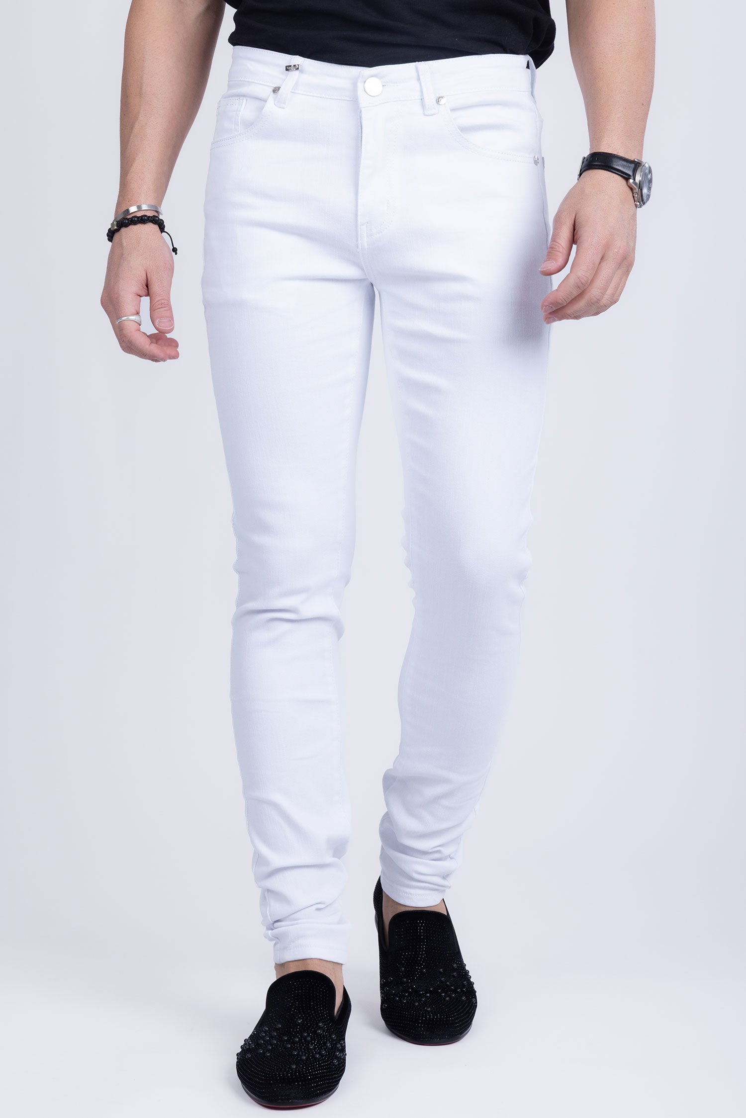 Barabas Men's Solid Color Slim Fit Contemporary Denim Jeans 2JE40 White
