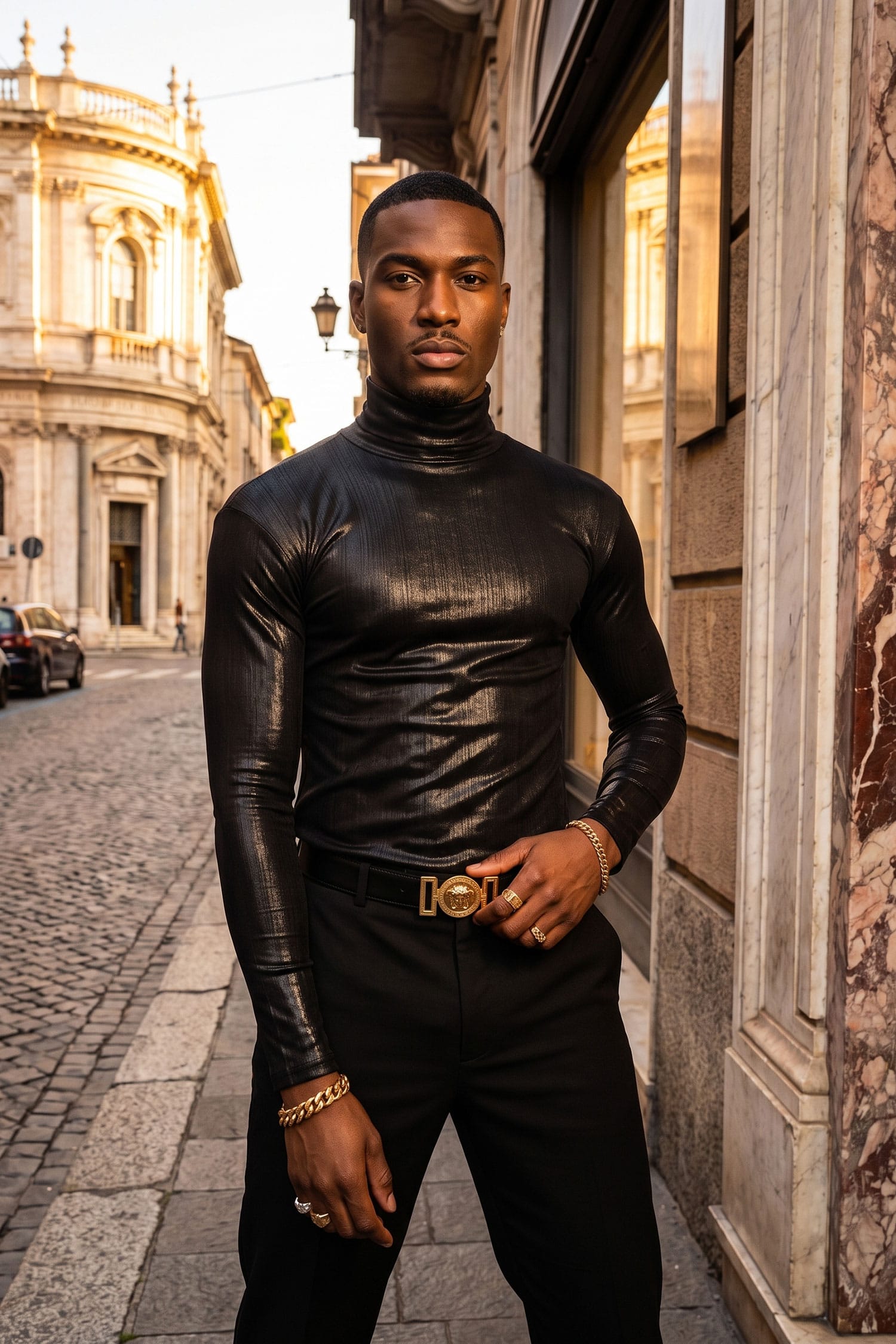 Barabas Men's Metallic Shiny Long Sleeve Turtleneck Sweater 2KT1000 Black