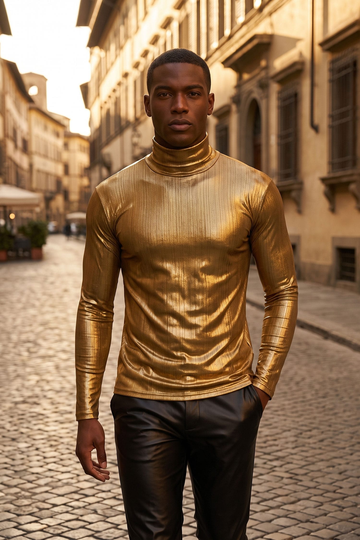 Barabas Men's Metallic Shiny Long Sleeve Turtleneck Sweater 2KT1000 Gold