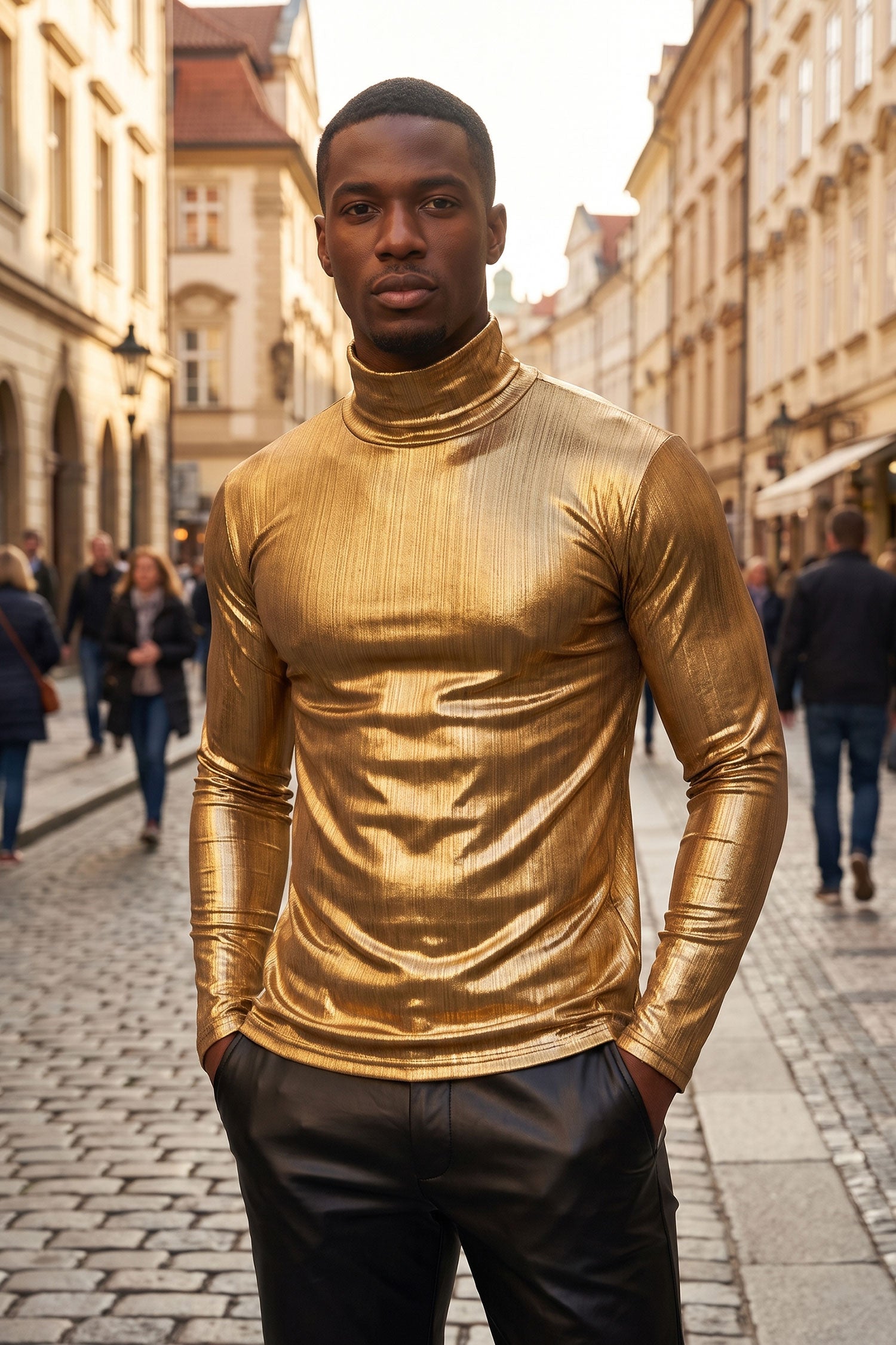 Barabas Men's Metallic Shiny Long Sleeve Turtleneck Sweater 2KT1000 Light Gold