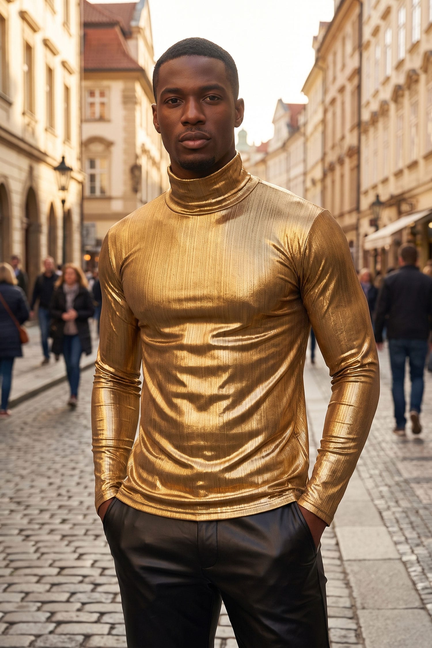Barabas Men's Metallic Shiny Long Sleeve Turtleneck Sweater 2KT1000 Light Gold