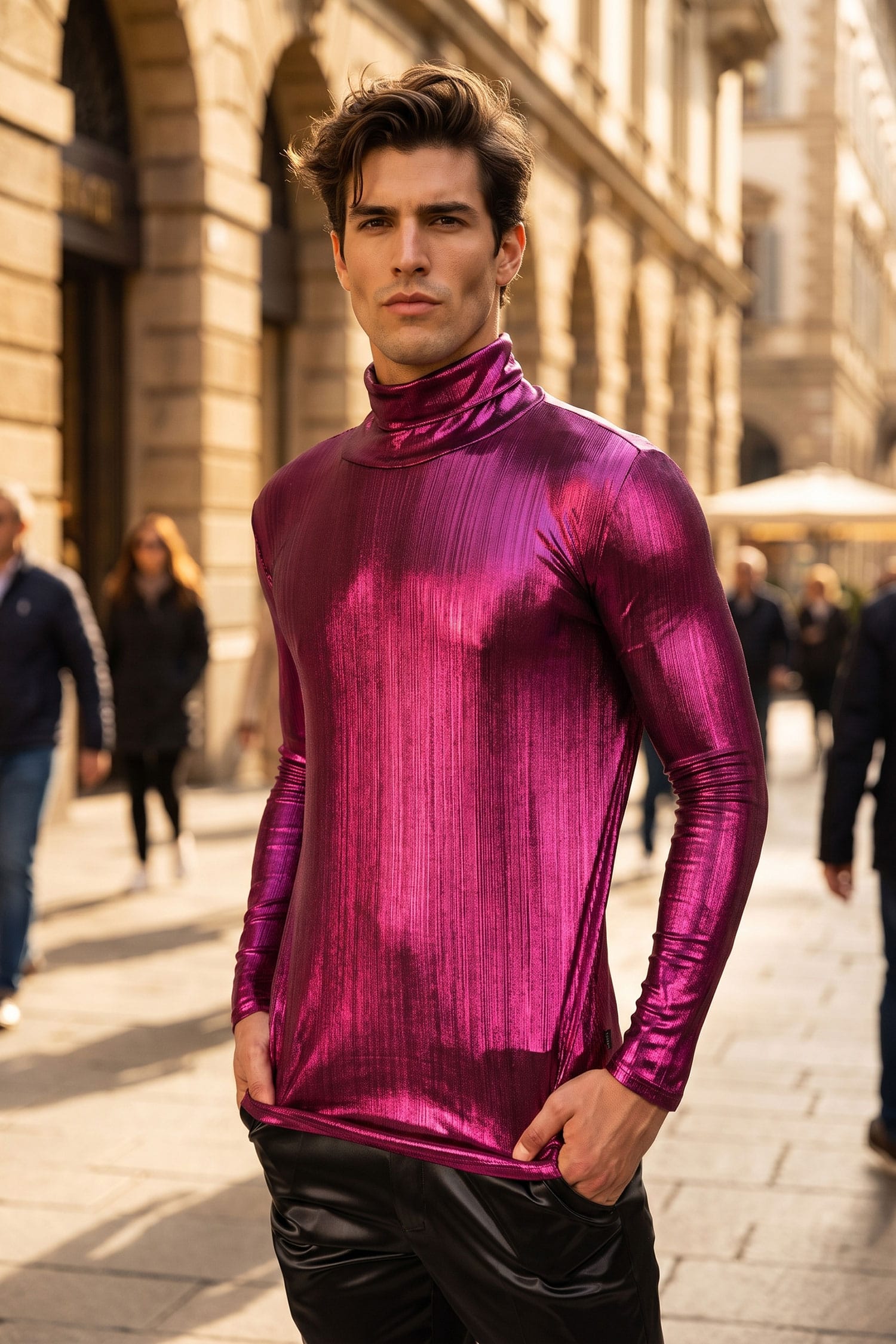 Barabas Men's Metallic Shiny Long Sleeve Turtleneck Sweater 2KT1000 Magenta