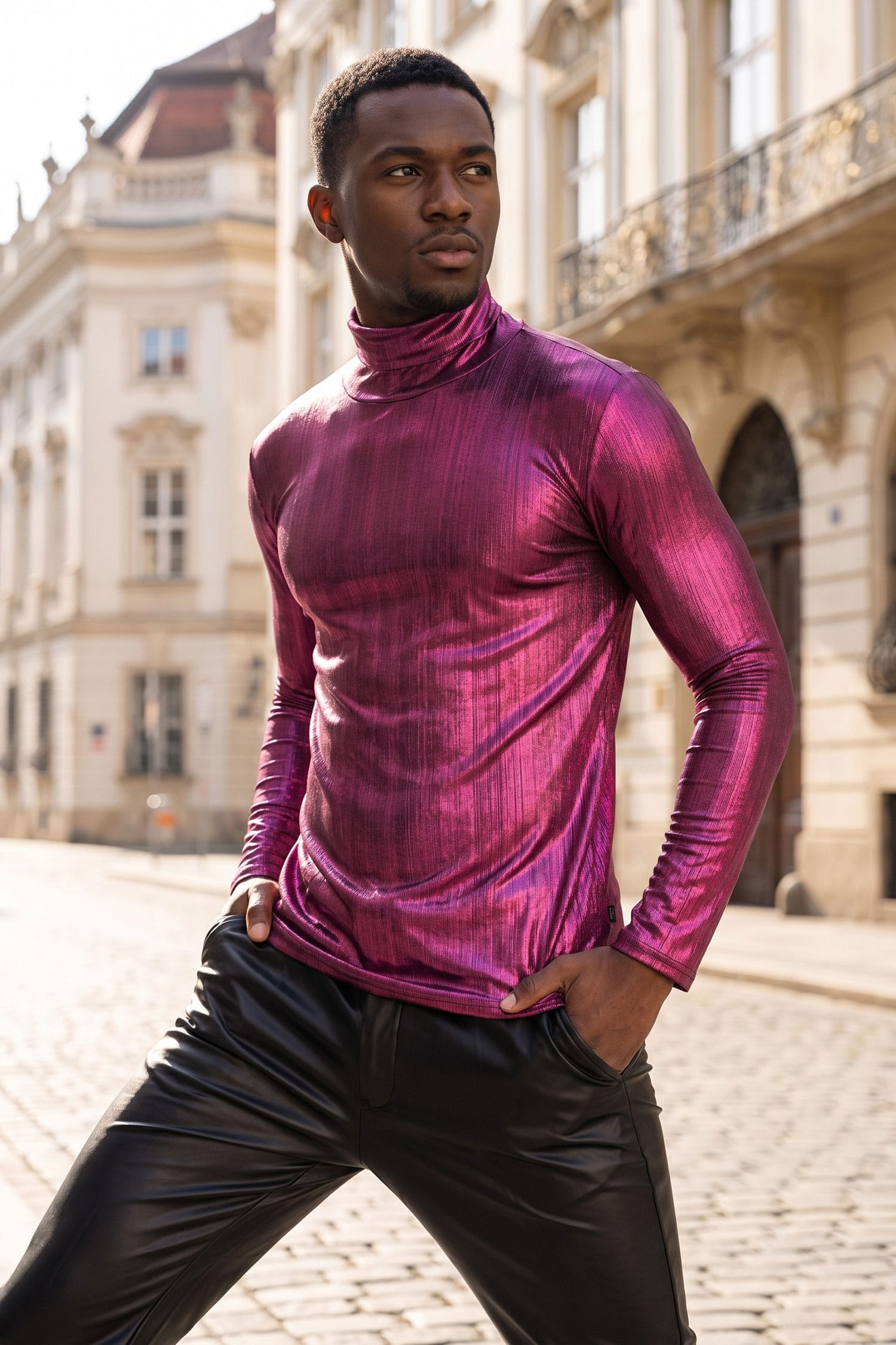 Barabas Men's Metallic Shiny Long Sleeve Turtleneck Sweater 2KT1000 Magenta