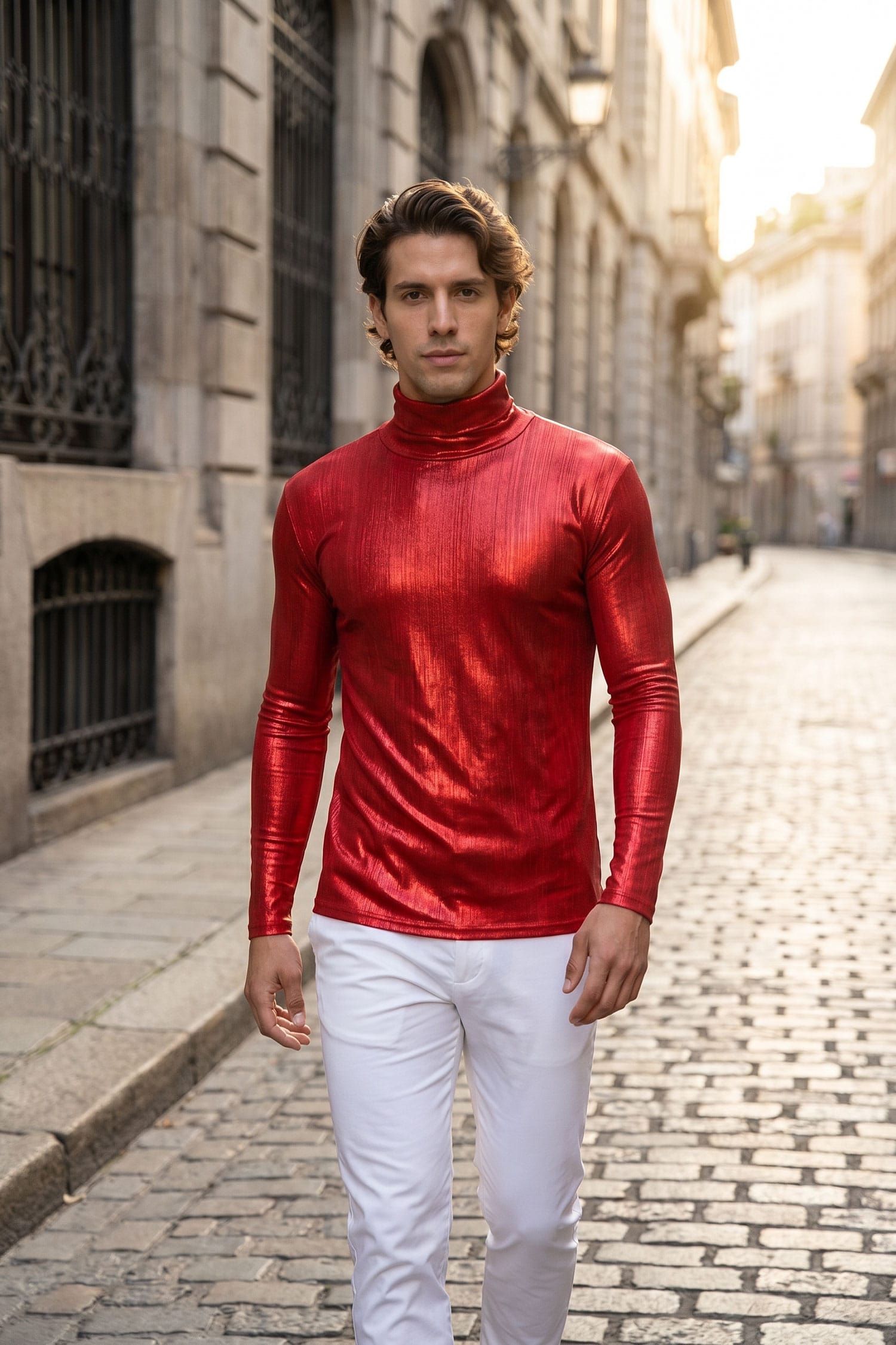 Barabas Men's Metallic Shiny Long Sleeve Turtleneck Sweater 2KT1000 Red