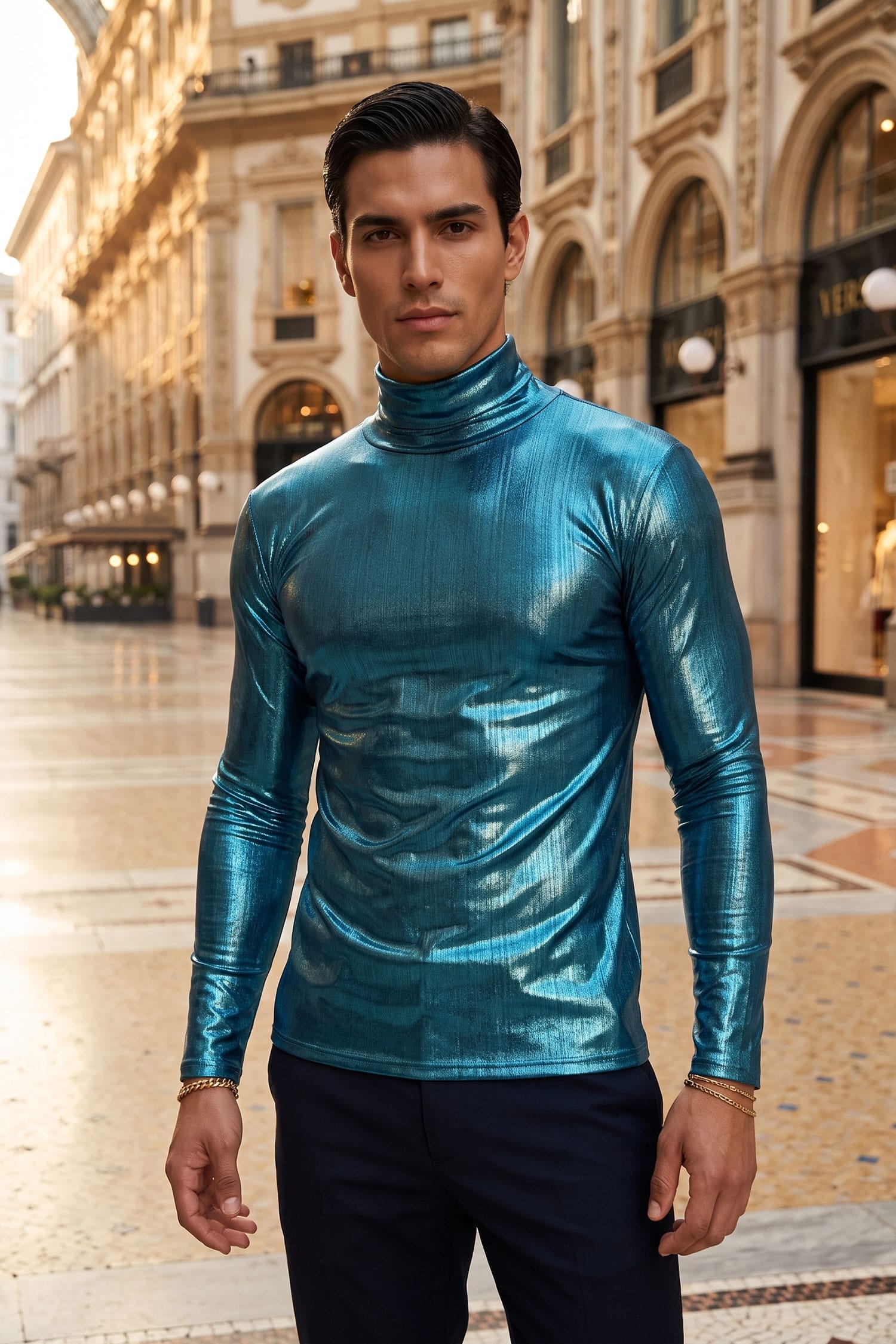 Barabas Men's Metallic Shiny Long Sleeve Turtleneck Sweater 2KT1000 Teal