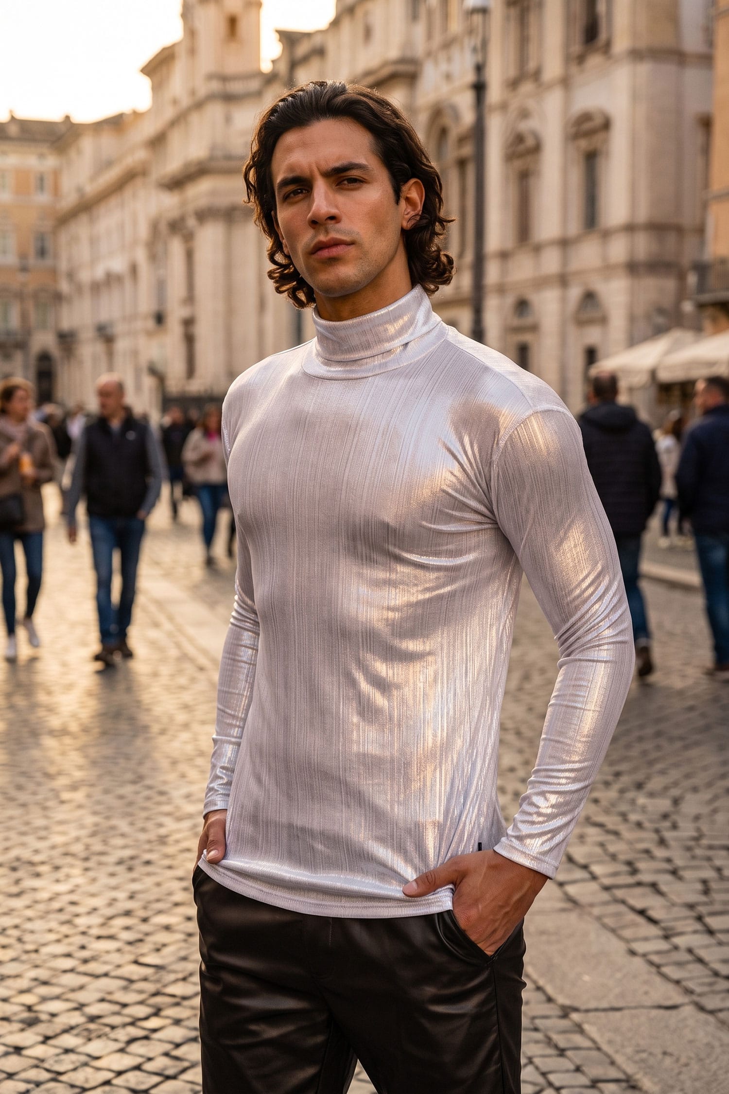 Barabas Men's Metallic Shiny Long Sleeve Turtleneck Sweater 2KT1000 White