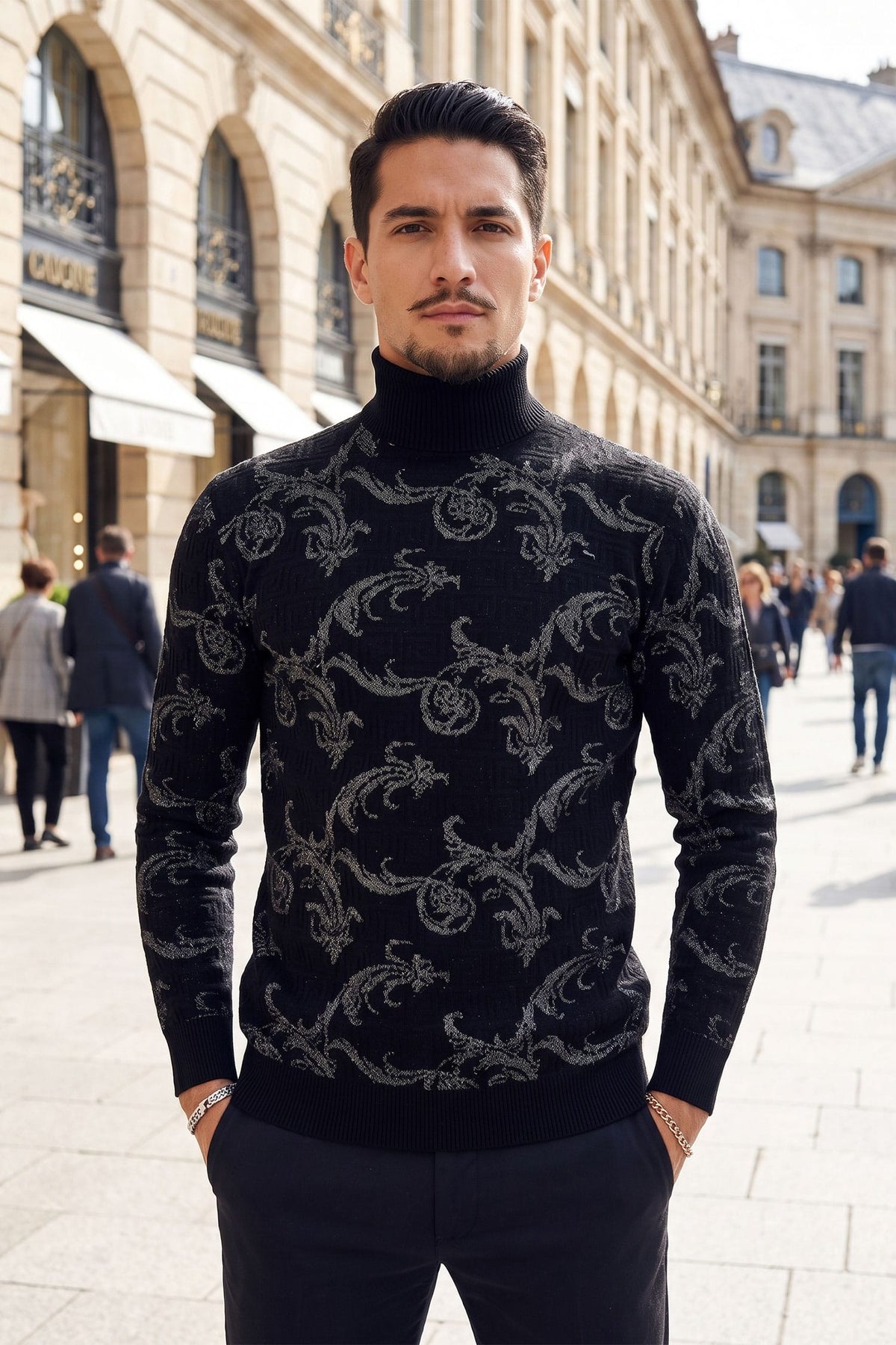 Barabas Men's Floral Design Long Sleeve Turtleneck Sweater 2LS2102 Black Silver