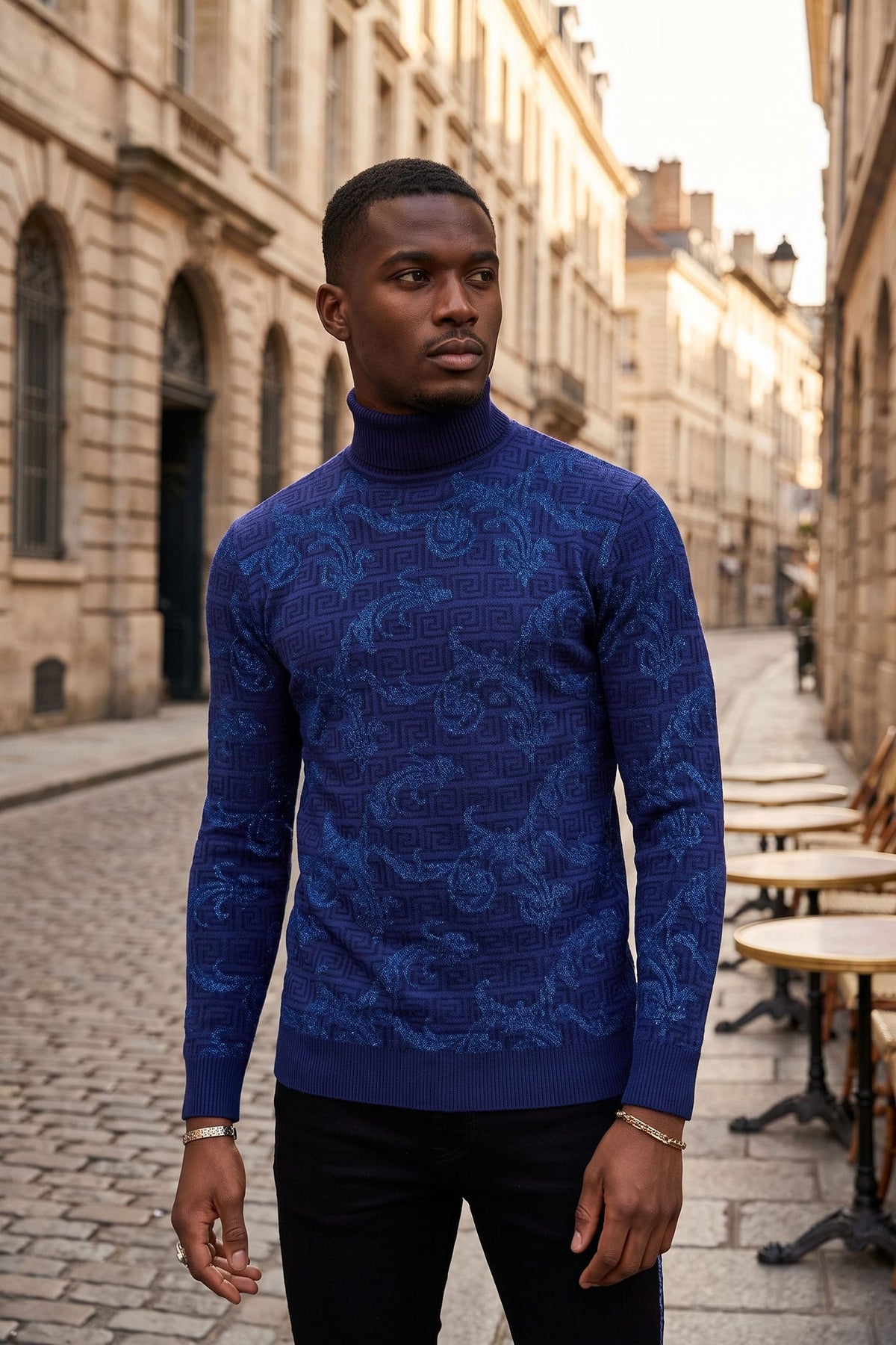 Barabas Men's Floral Design Long Sleeve Turtleneck Sweater 2LS2102 Navy Royal