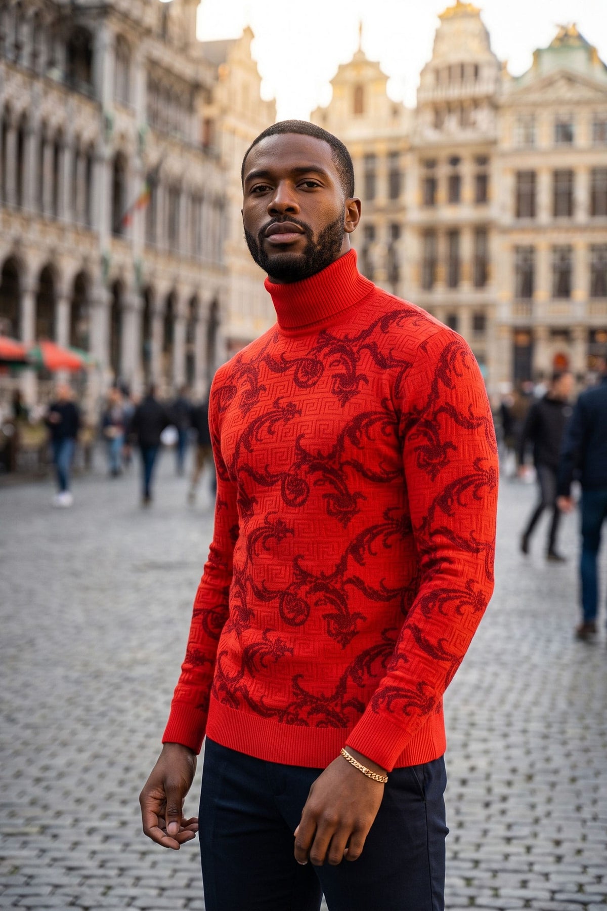 Barabas Men's Floral Design Long Sleeve Turtleneck Sweater 2LS2102 Red Black