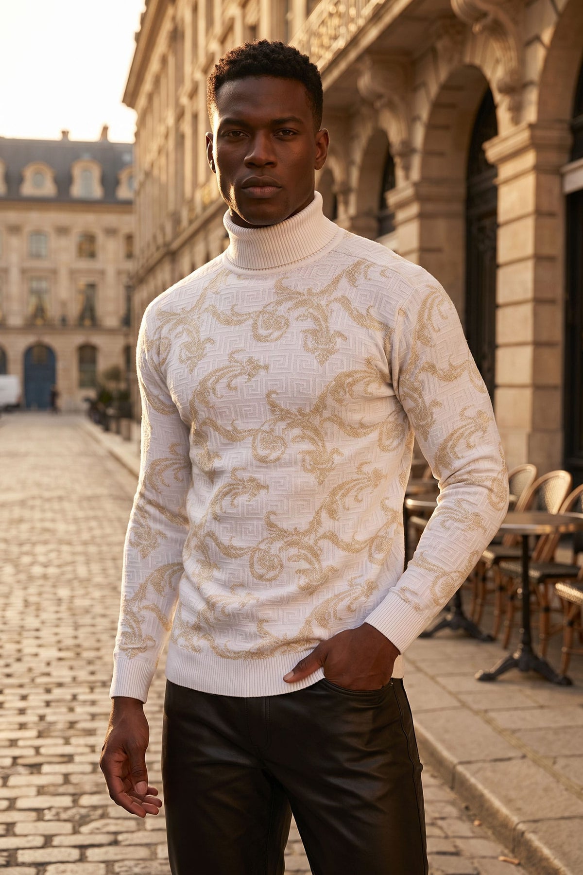 Barabas Men's Floral Design Long Sleeve Turtleneck Sweater 2LS2102 White Gold