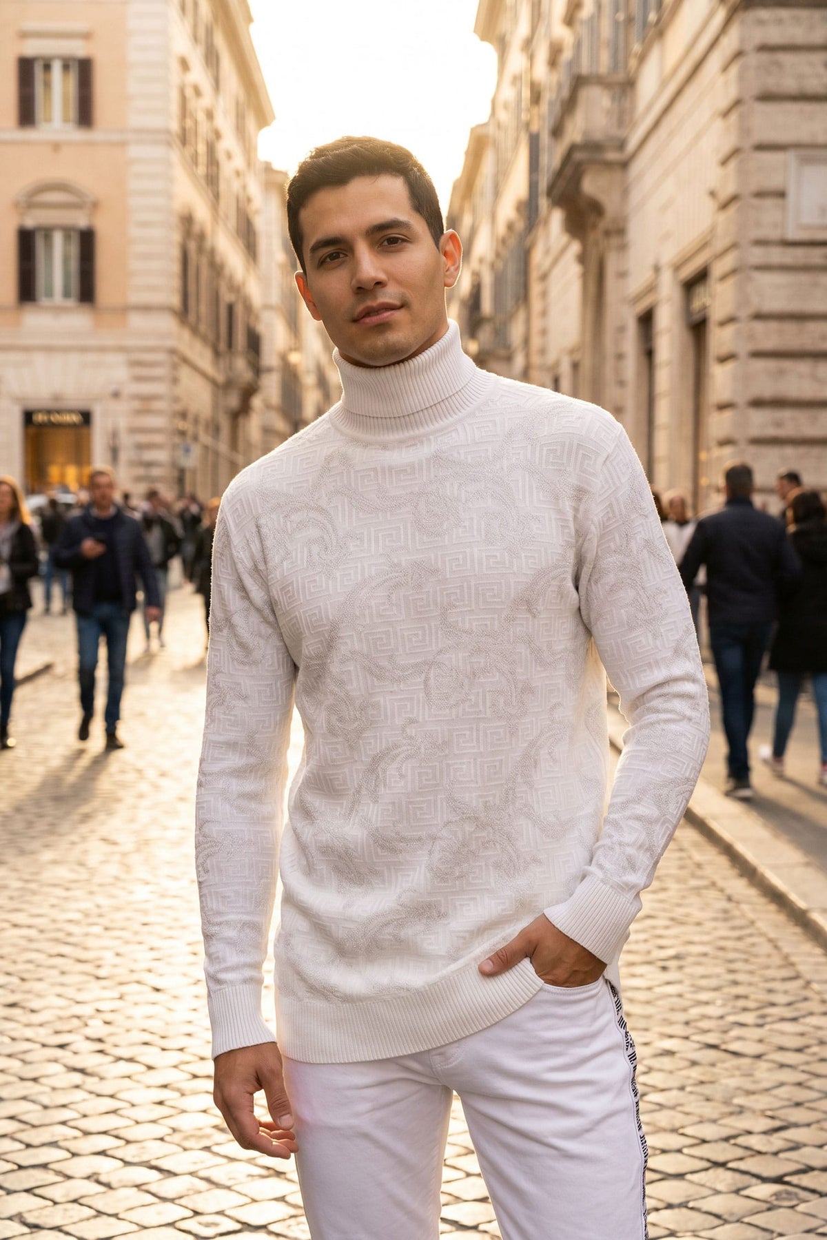 Barabas Men's Floral Design Long Sleeve Turtleneck Sweater 2LS2102 White Silver