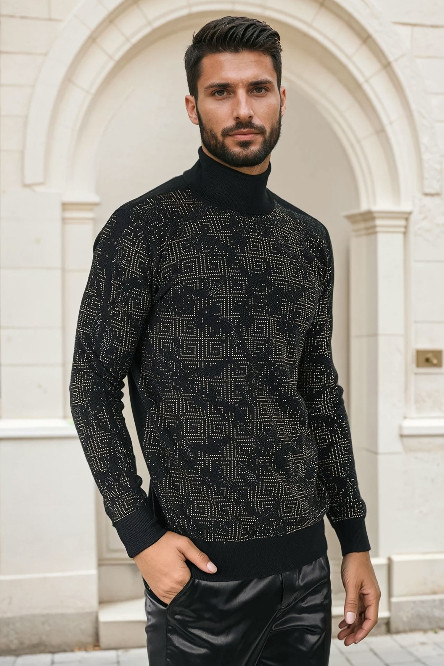 Barabas Men's Rhinestone Floral Greek Pattern Turtleneck Sweater 2LS2105