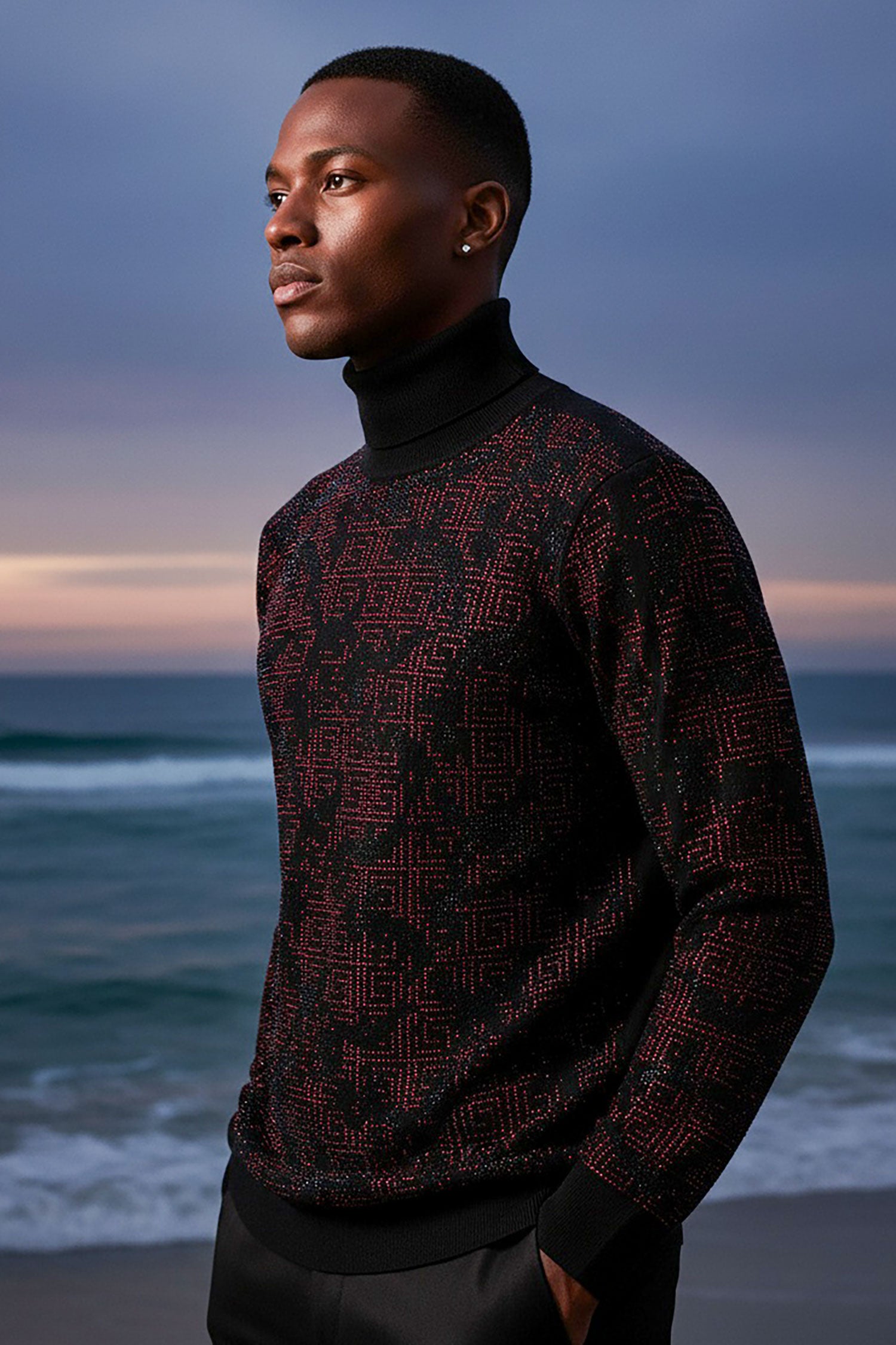 Barabas Men's Rhinestone Floral Greek Pattern Turtleneck Sweater 2LS2105 Black Red
