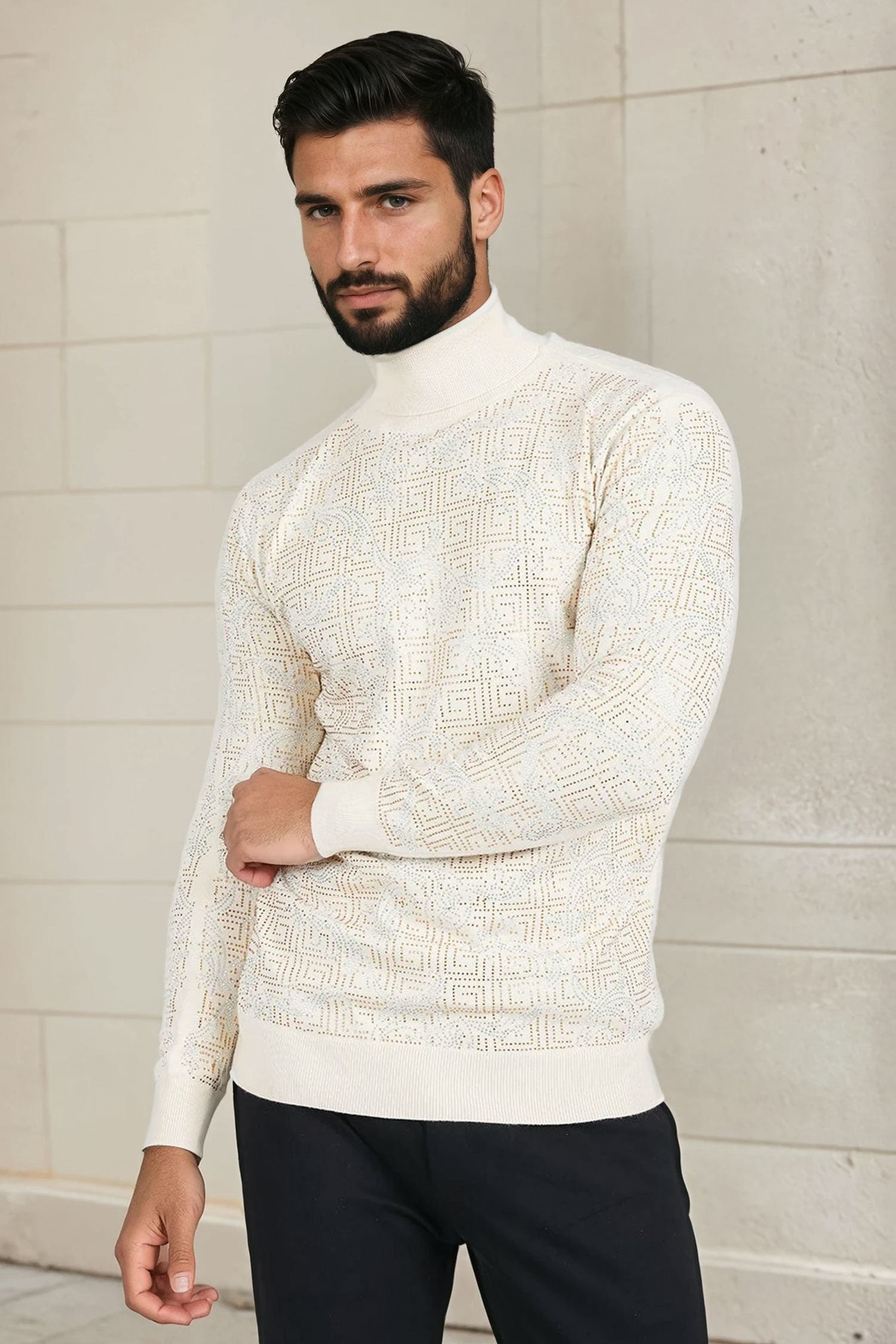 Barabas Men's Rhinestone Floral Greek Pattern Turtleneck Sweater 2LS2105