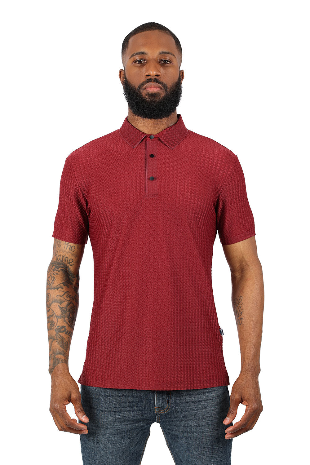 Barabas Men's Geometric Silky Stretch Short Sleeve Polo Shirts 2PP830 Burgundy