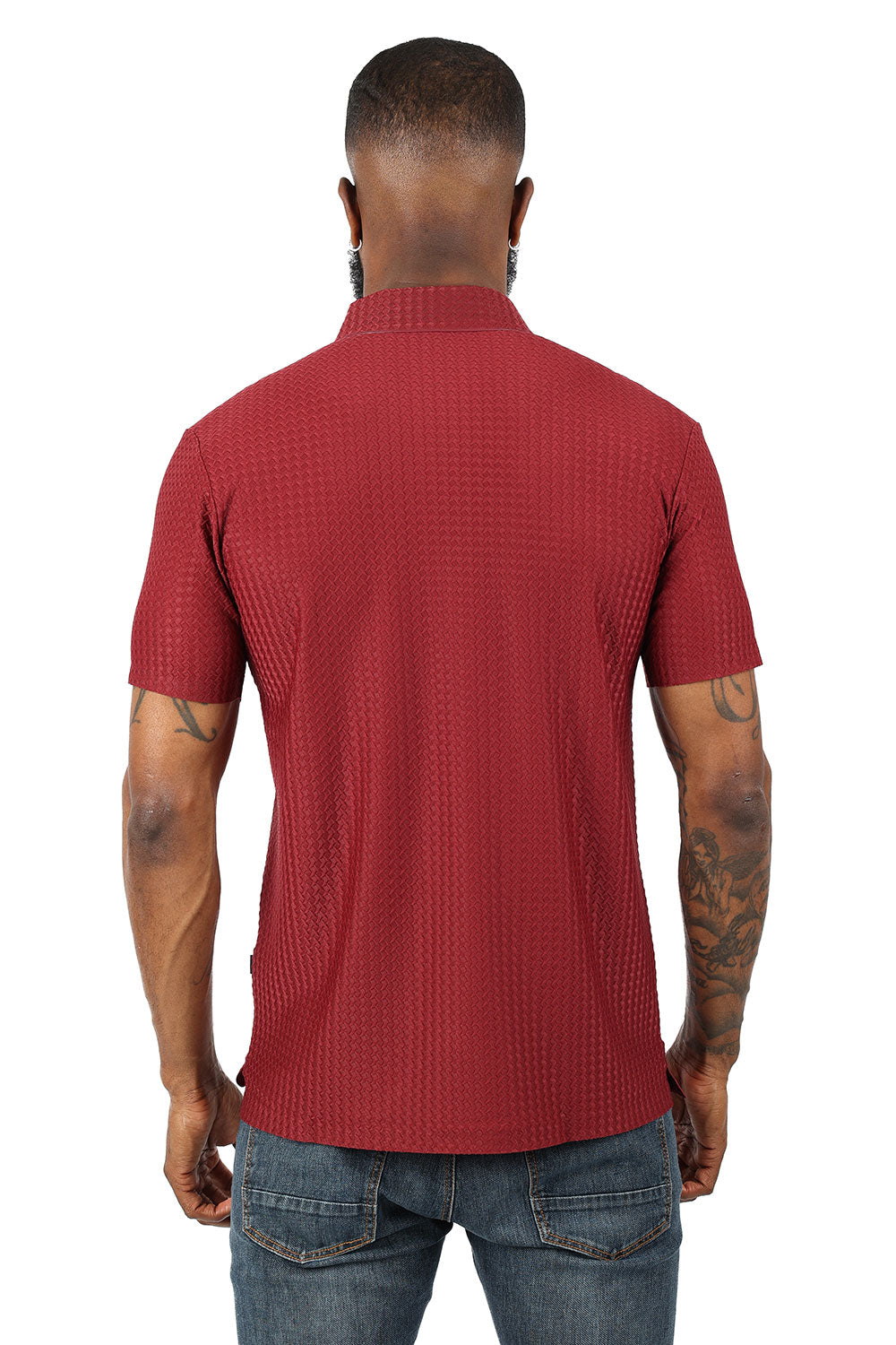 Barabas Men's Geometric Silky Stretch Short Sleeve Polo Shirts 2PP830 Burgundy