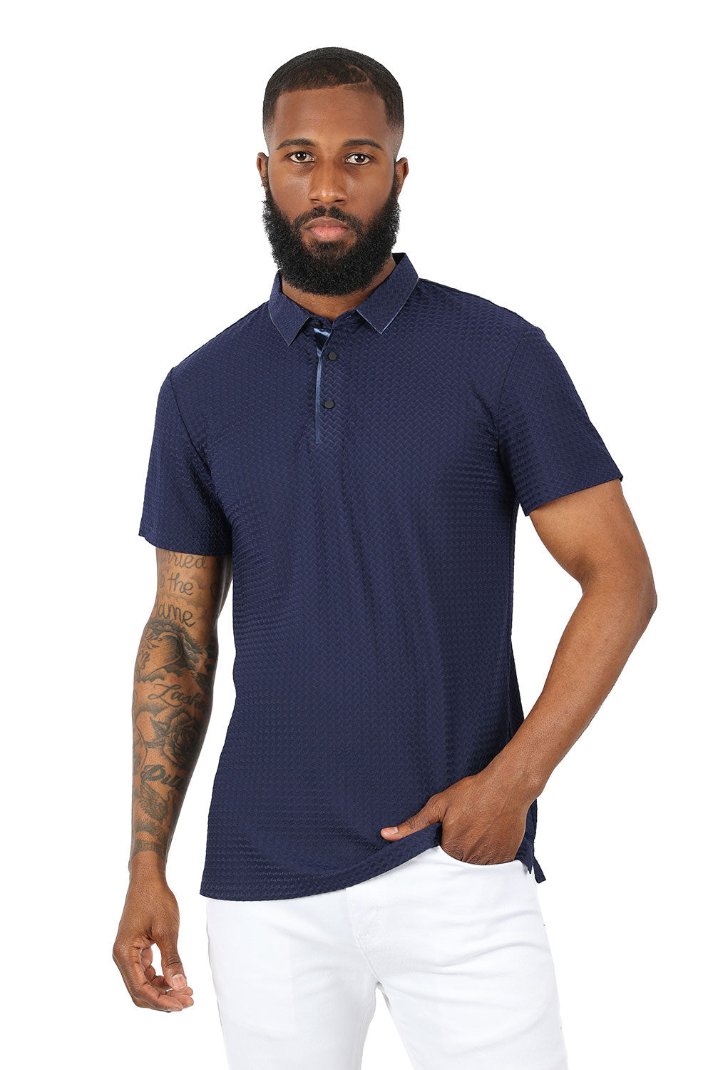 Barabas Men's Geometric Silky Stretch Short Sleeve Polo Shirts 2PP830 Navy
