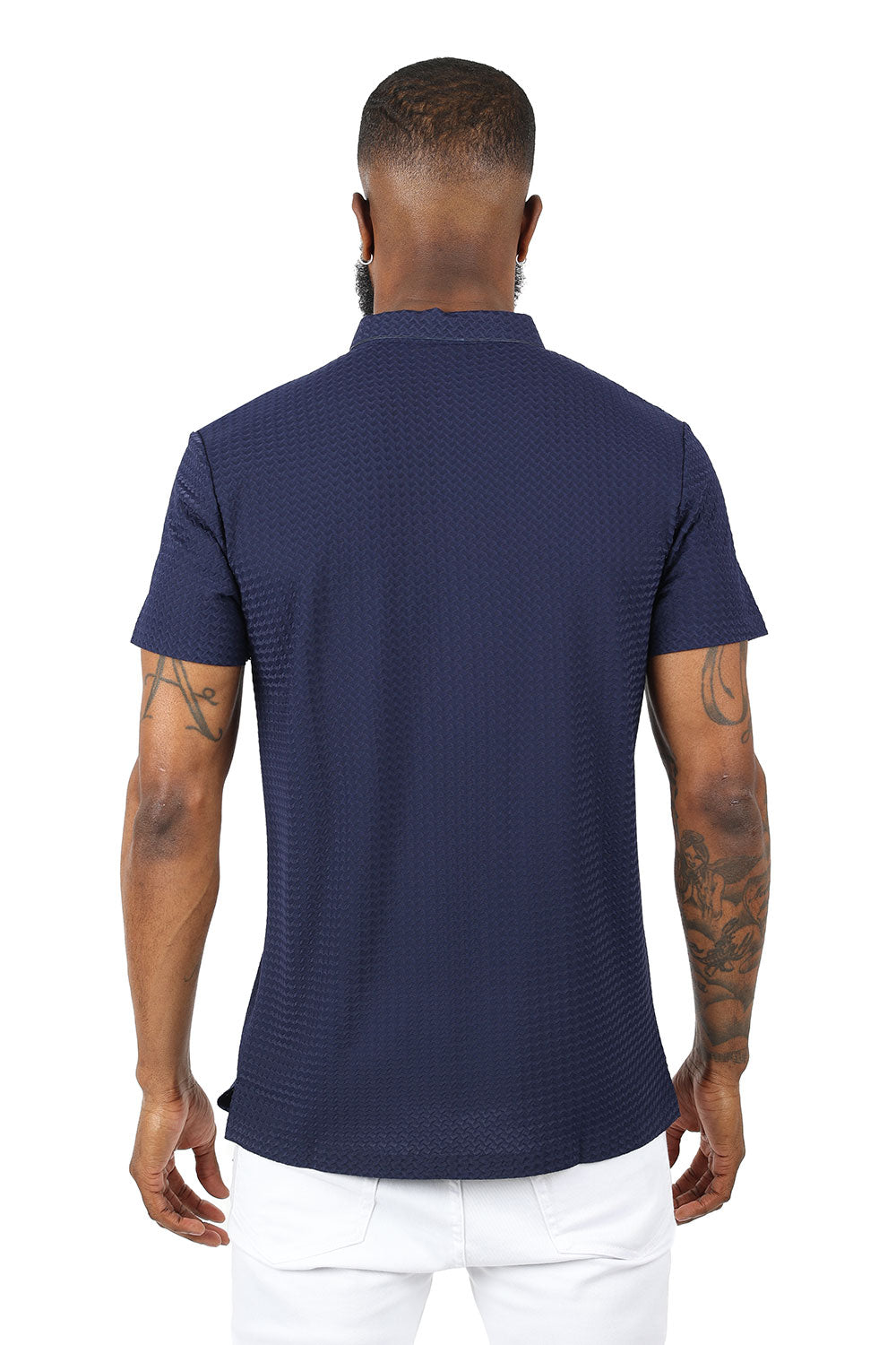 Barabas Men's Geometric Silky Stretch Short Sleeve Polo Shirts 2PP830 Navy