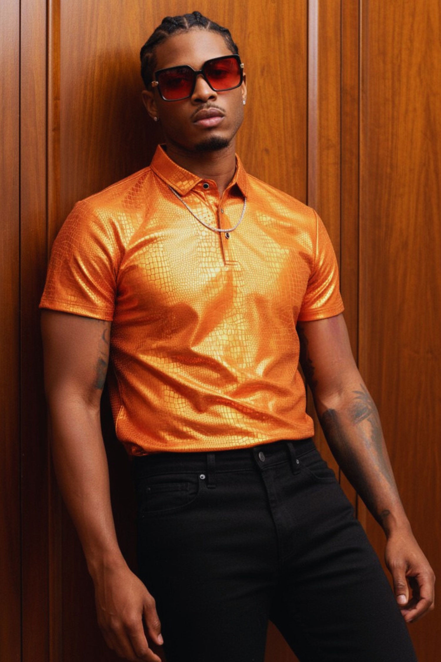Barabas Men's Snake Luxury Metallic Print Design Polo Shirt 2PP831 Orange