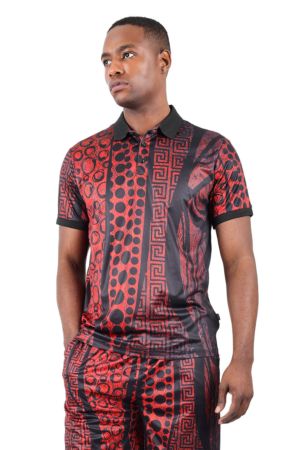 Barabas Men's Greek Pattern Polka Dot Baroque Polo Shirts 2PSP15 Red Black
