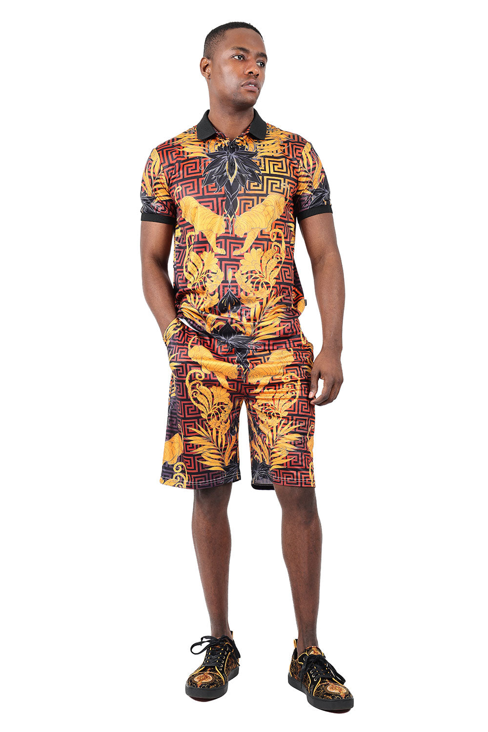 Barabas Men's Greek Pattern Floral Tiger Baroque Polo Shirts 2PSP16 Gold