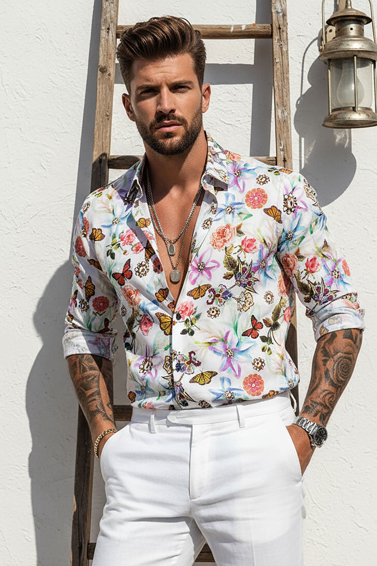 Barabas Long Sleeve Butterfly Print Men's Button Down Dress Shirts 2SA03 Multicolor