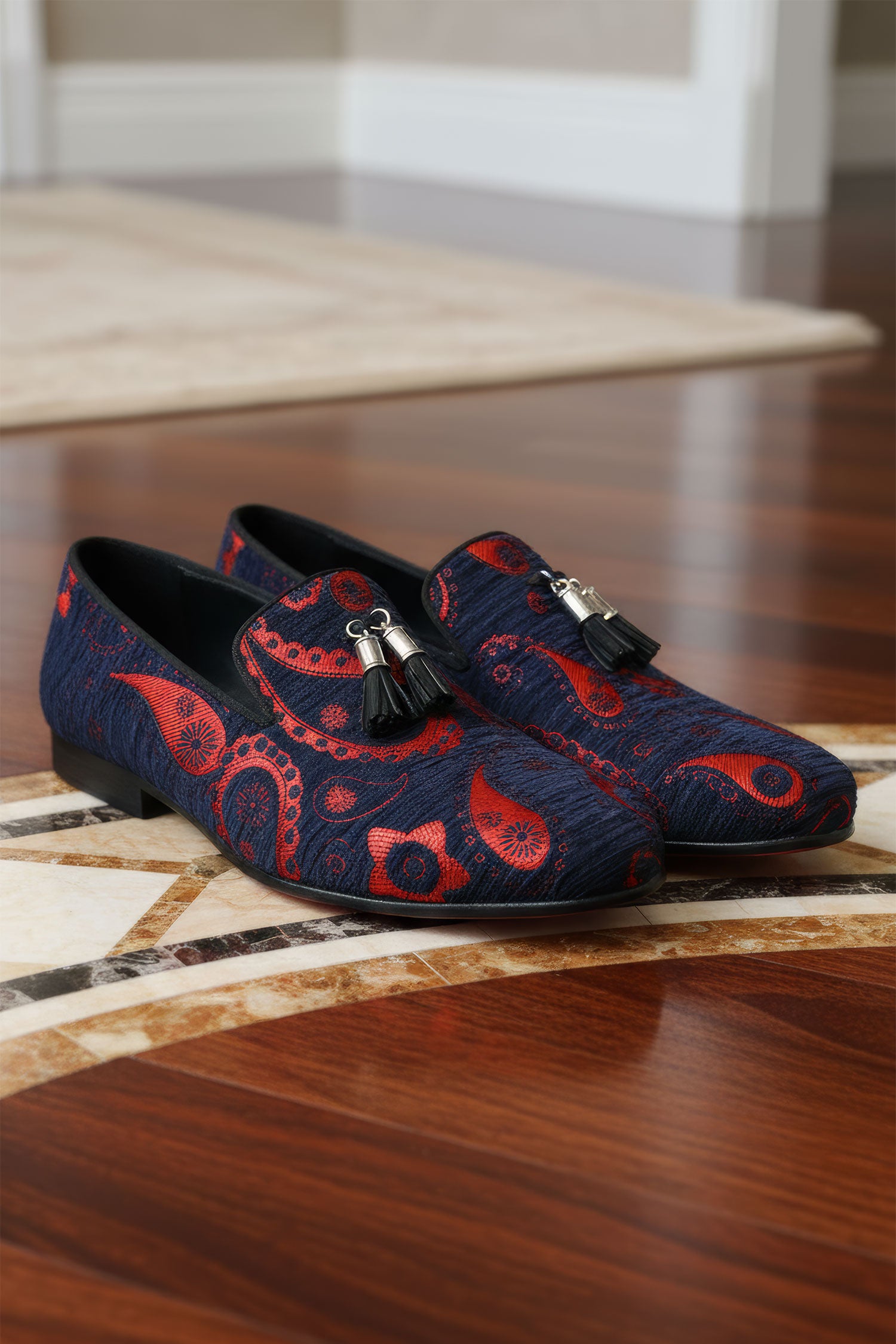 Barabas Men's Paisley Design Tassel Slip On Loafer Shoes 2SH3101 Navy Red