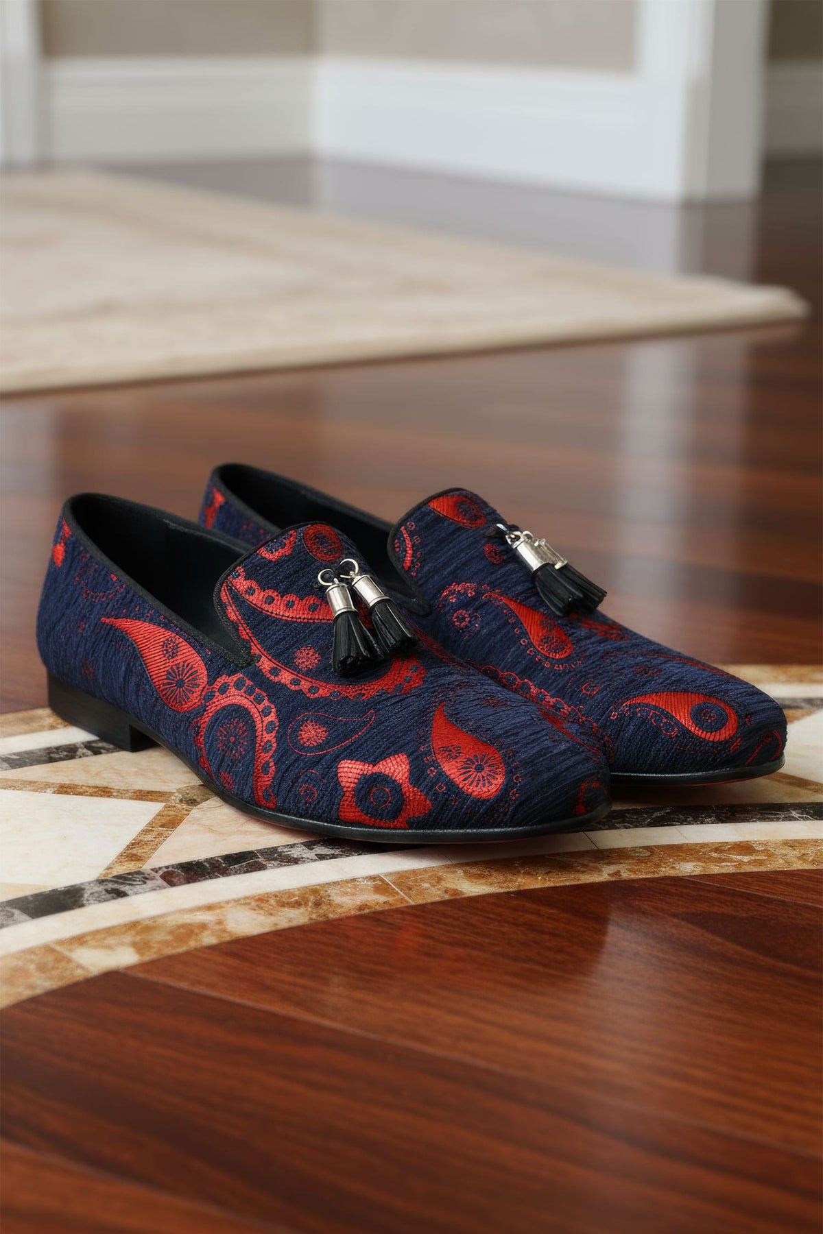 Barabas Men's Paisley Design Tassel Slip On Loafer Shoes 2SH3101 Navy Red