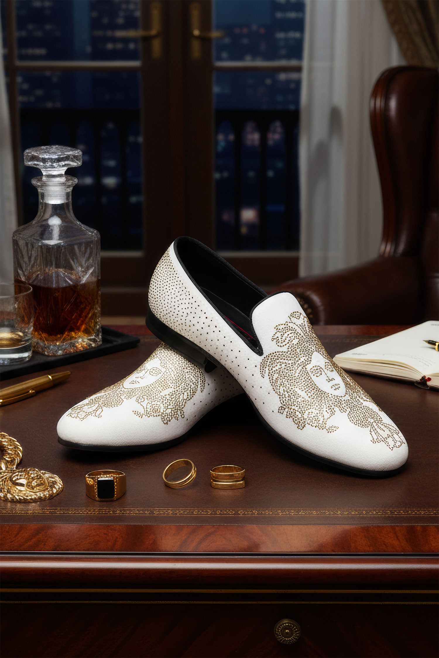 BARABAS Men's Medusa Rhinestone Jewels Slip On Dress Shoes 2SHR12 white Gold