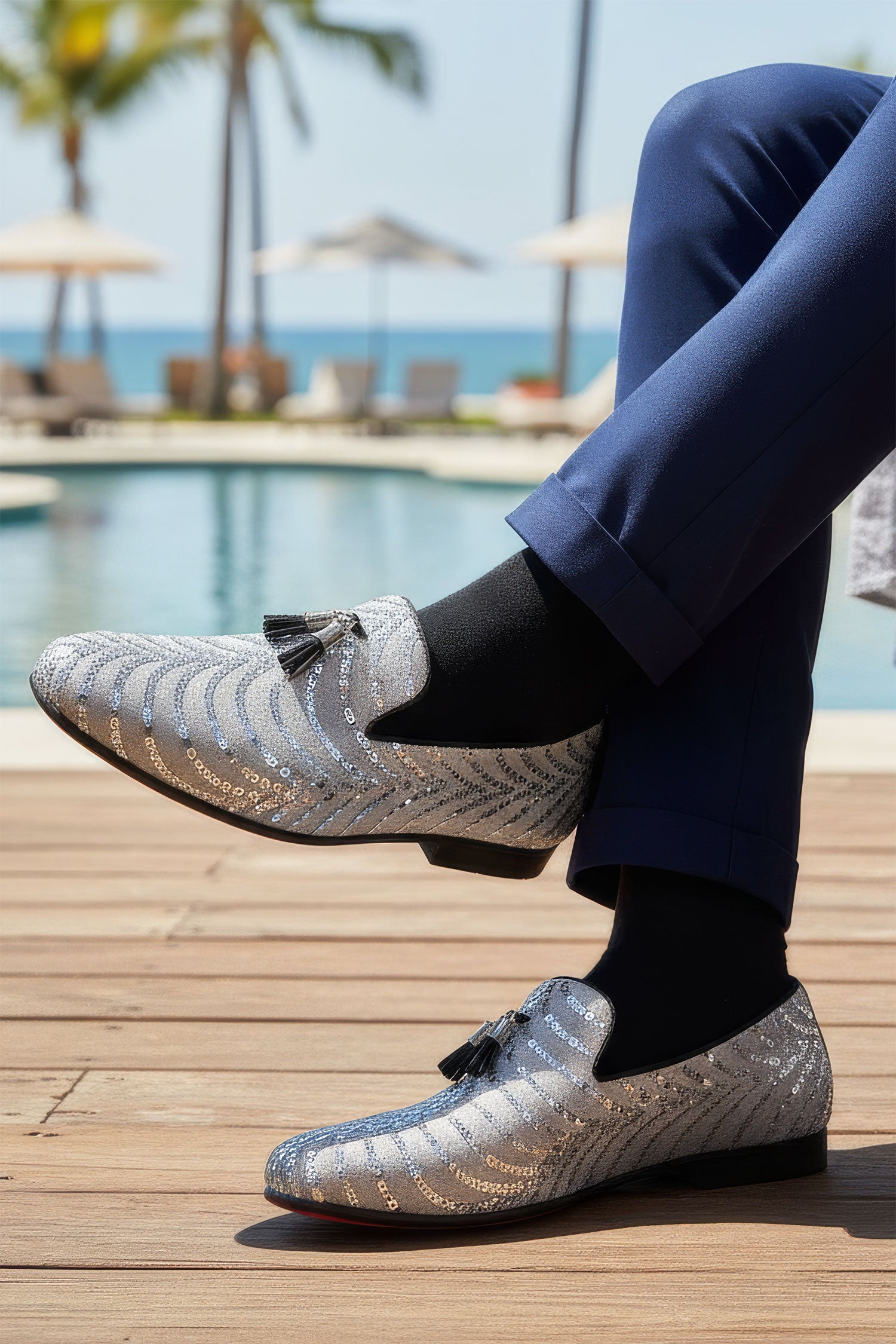 Barabas Men's Sequin Design Tassel Slip On Loafer Shoes 2SHR8 White Silver