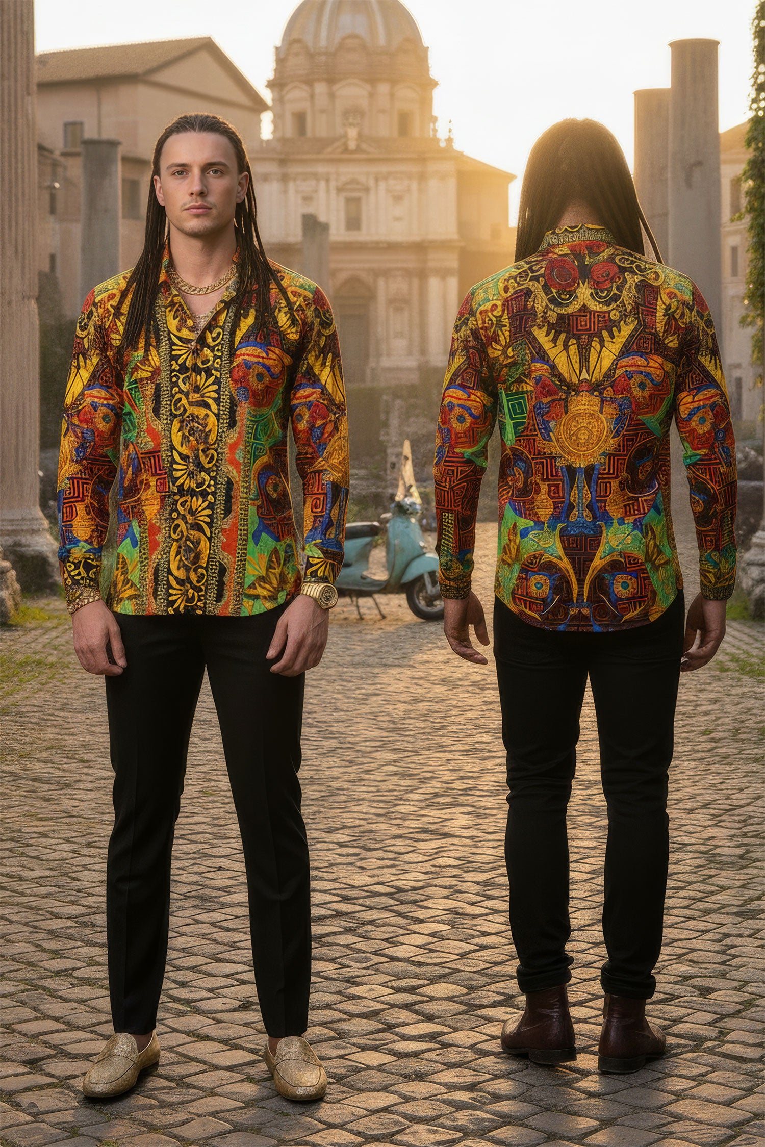 Barabas Men's Medusa Floral Baroque Butterfly Greek Shirt 2SP223 Multi